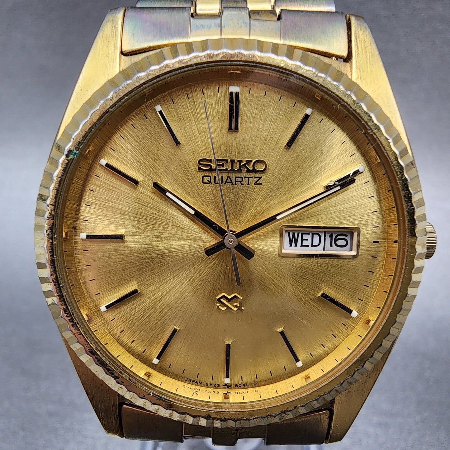 Seiko SQ Presidential Watch Men 37mm Gold Dial Gold Tone Daydate 5y23-8a69 Works