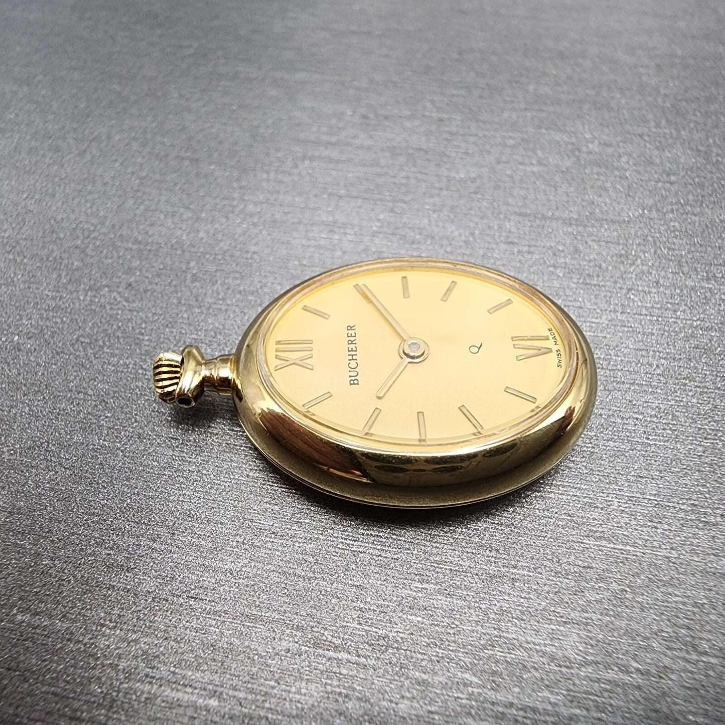Bucherer Q Pendant Watch Women 20mm Gold Dial Gold Tone Oval New Battery