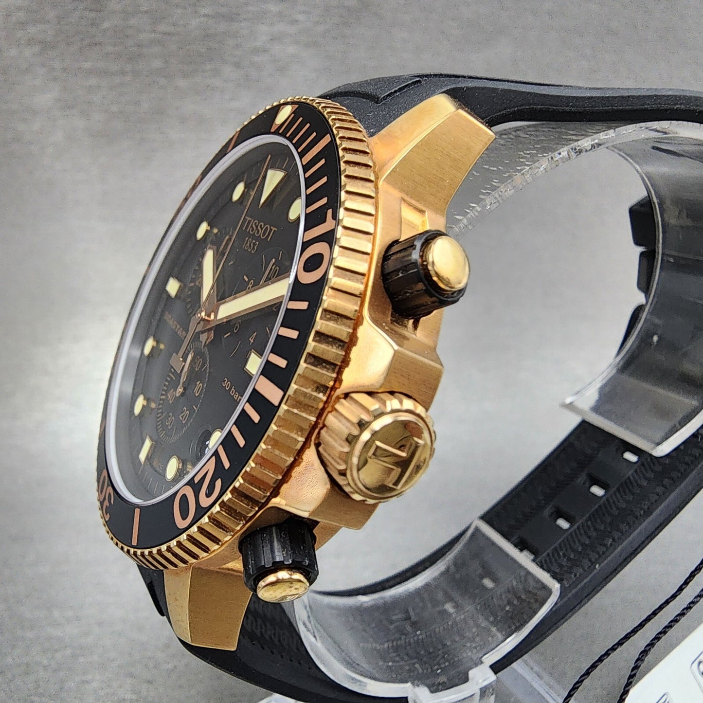 Tissot Seastar Chronograph Watch Men 45mm Black Dial Rose Gold Tone Date Works