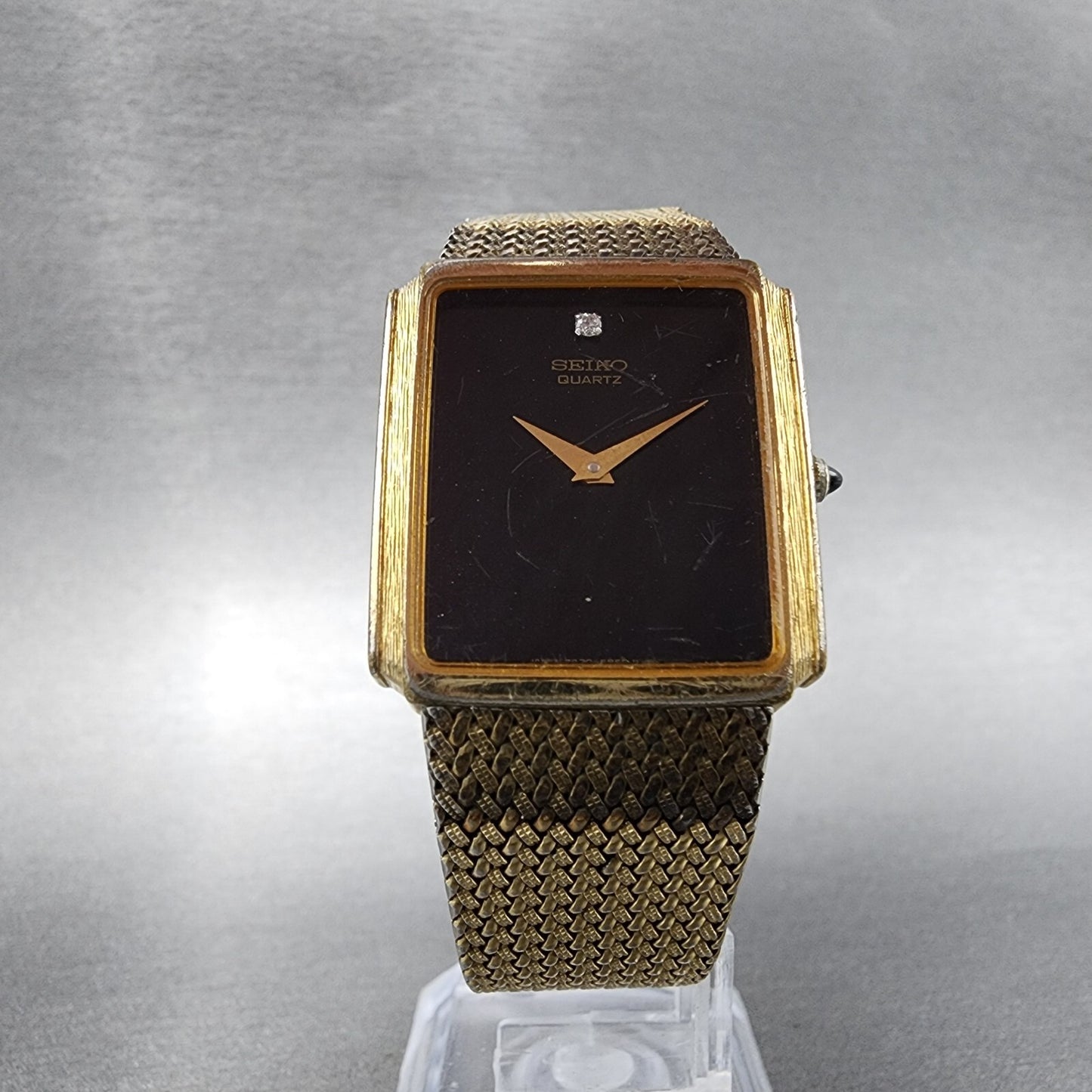 Seiko Tank Watch Men 25mm Black Dial Gold Tone Rectangle 7430-5499 New Batt
