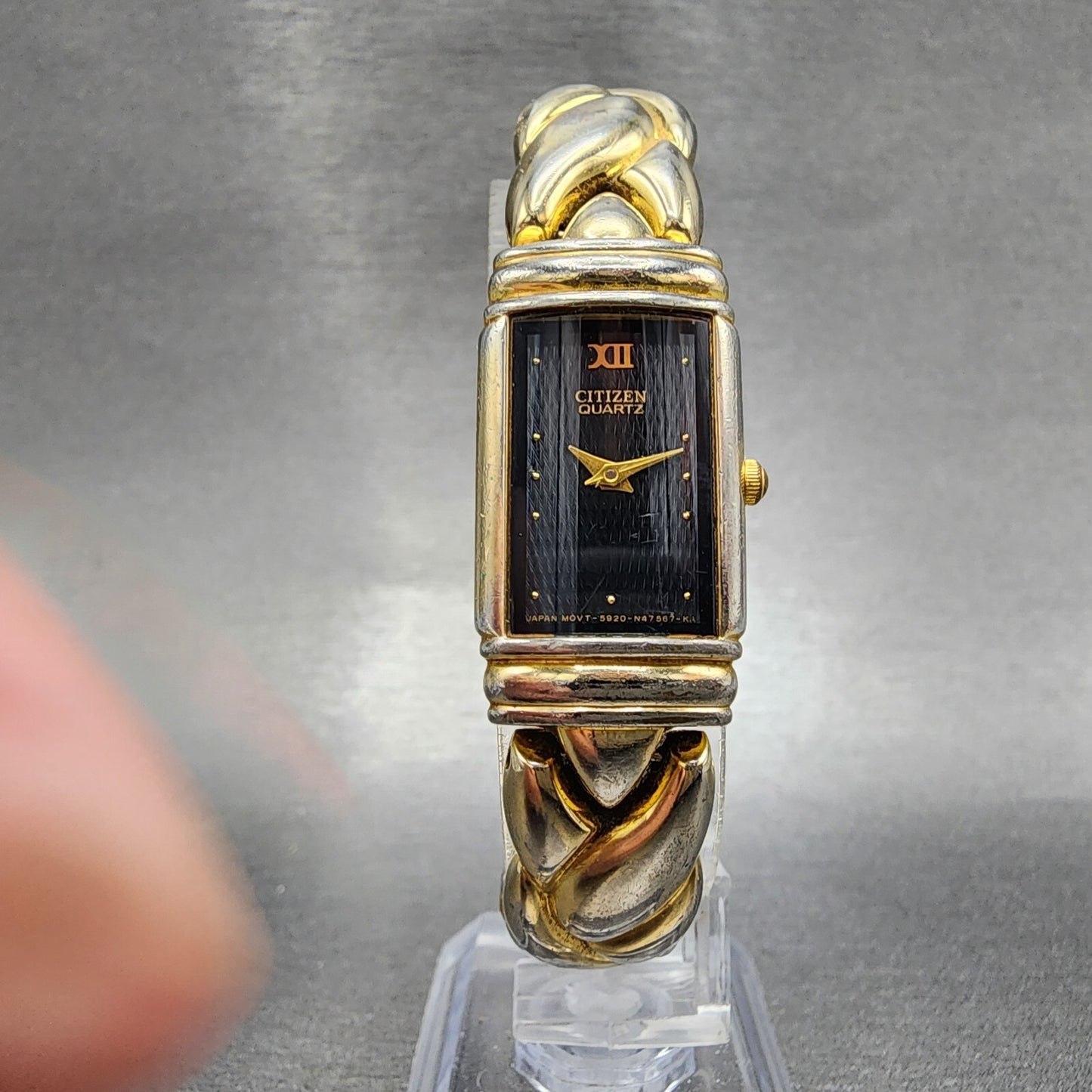 Citizen Tank Watch Women 17mm Black Dial Gold Tone Rectangle New Battery
