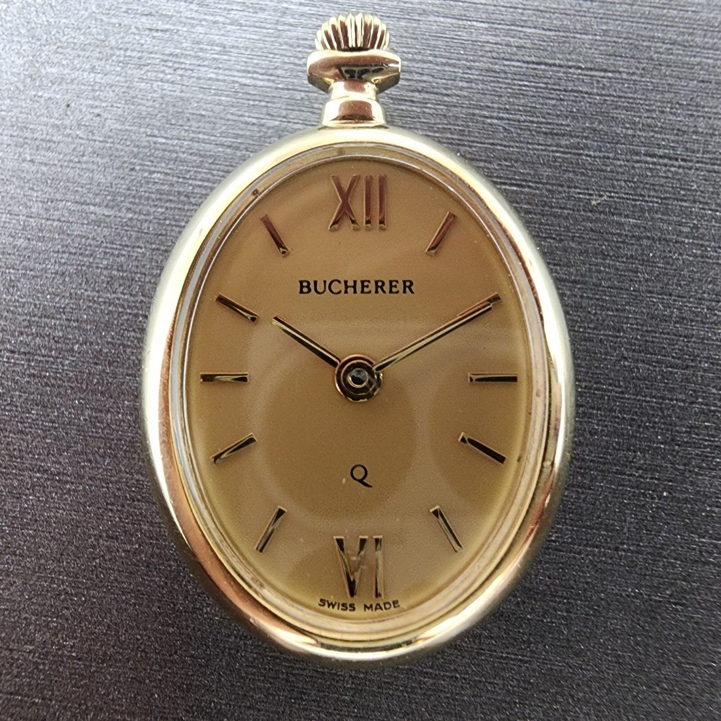 Bucherer Q Pendant Watch Women 20mm Gold Dial Gold Tone Oval New Battery