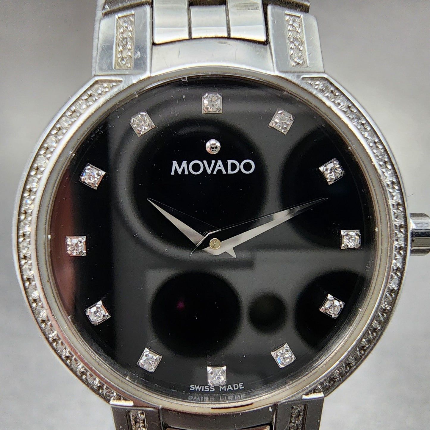 Movado Faceto Watch Women 25mm black Dial Steel Diamonds Round 605586 New Batt