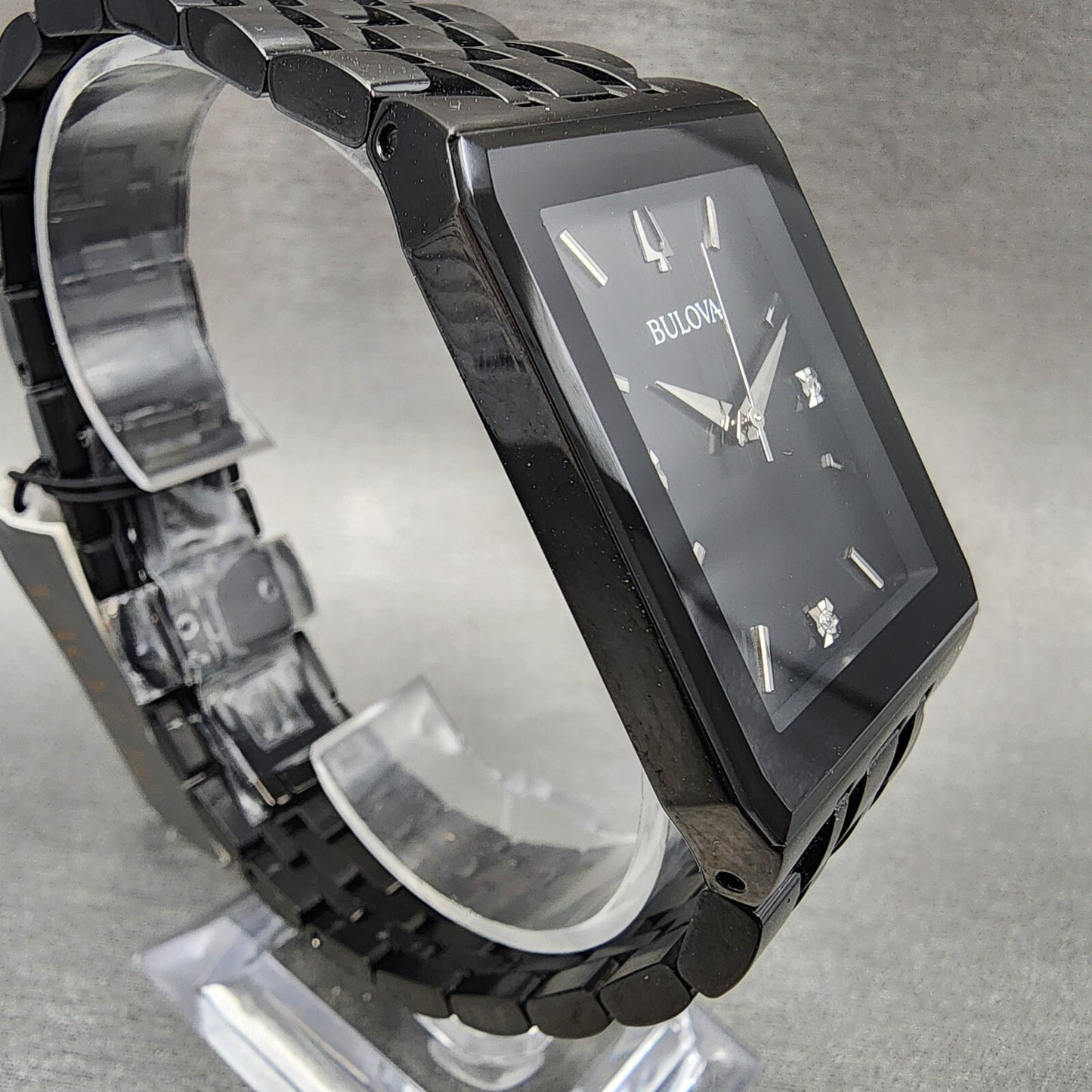 Bulova Quadra Watch Men 31mm Black Dial Black Tone Octagon 98D164 Bracelet