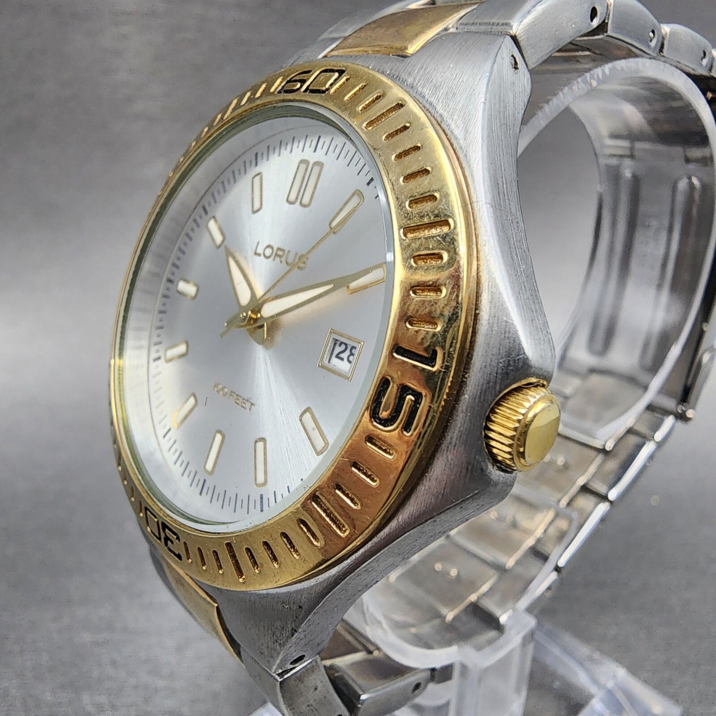 Lorus Dive Watch Men 40mm Silver Dial Two Tone Date Round LR0710 New Battery