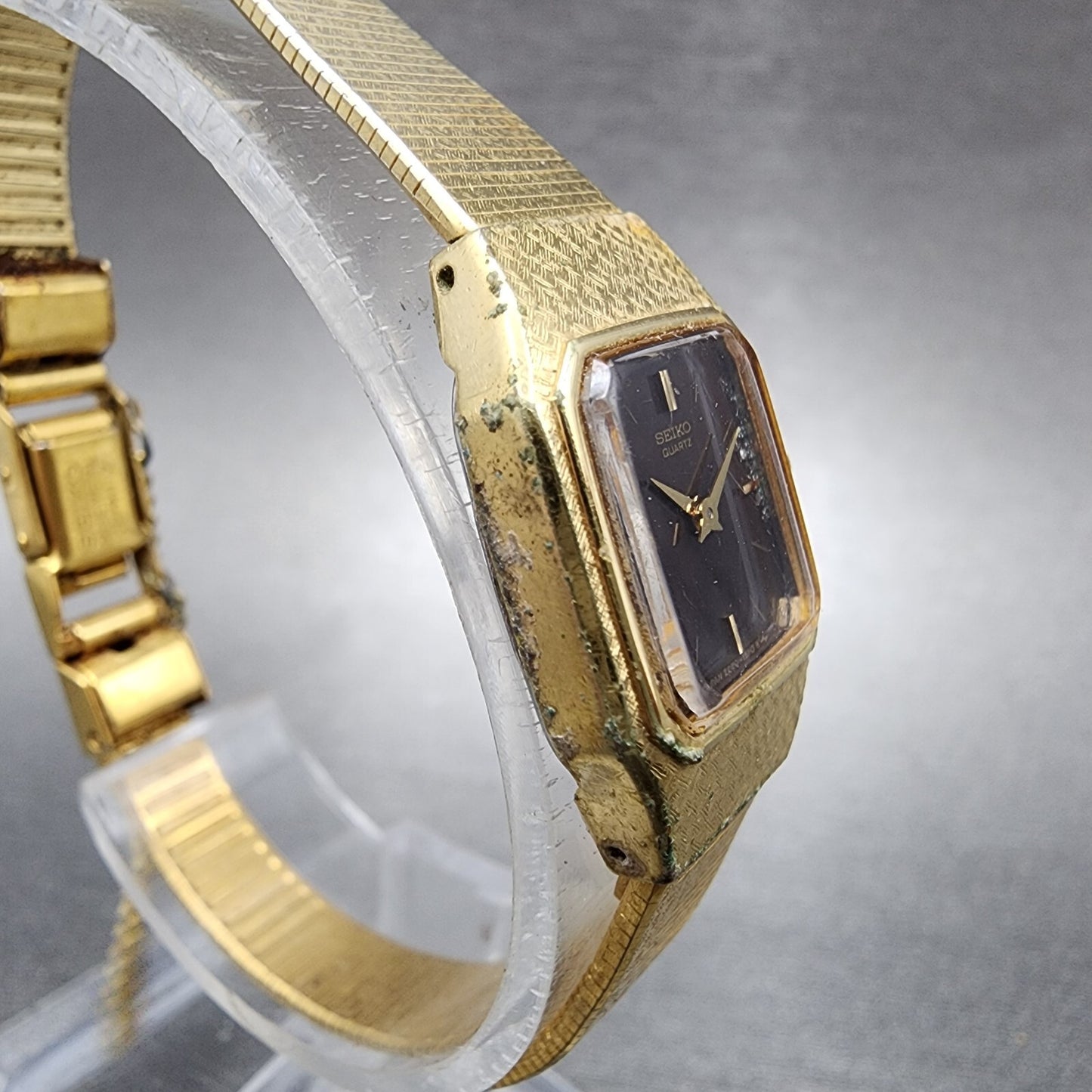 Seiko Watch Women 16mm Brown Dial Gold Tone Rectangle 2C20-5789 New Battery VTG