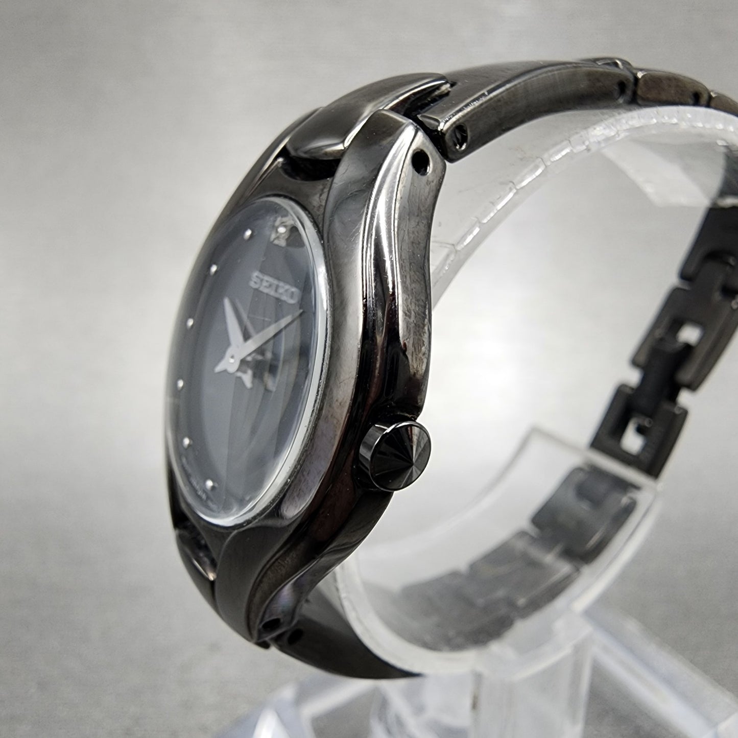 Seiko Watch Women 25mm Black Dial Black Tone Diamond 1n00-0rc0 New Battery
