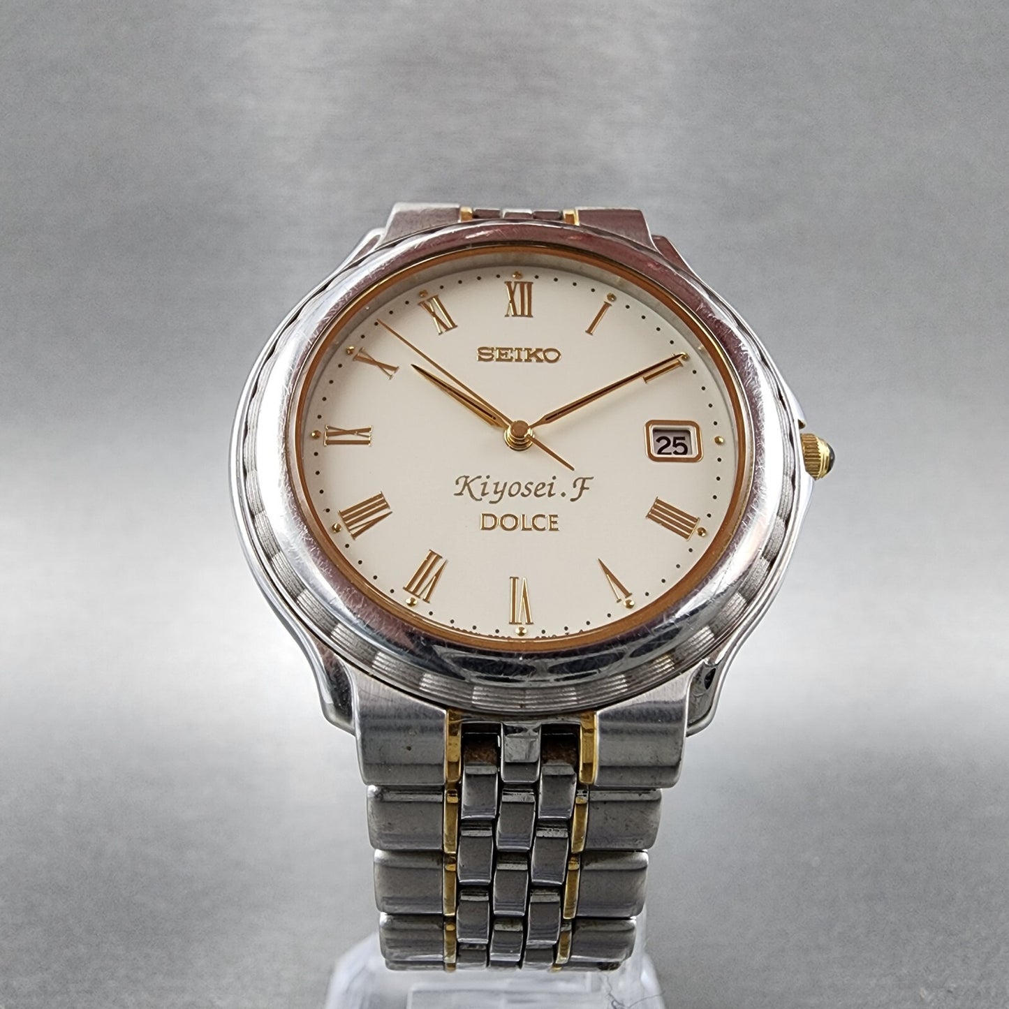 Seiko Dolce Watch Men 35mm White Dial Two Tone Round Date 5e32-6b00 New Battery