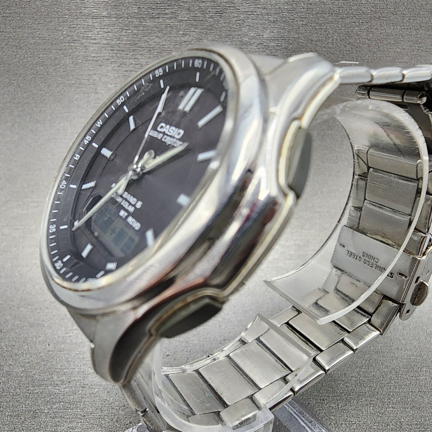 Casio Wave Ceptor Watch Men 42mm Black Dial Steel Analog Digital Solar Runs B12