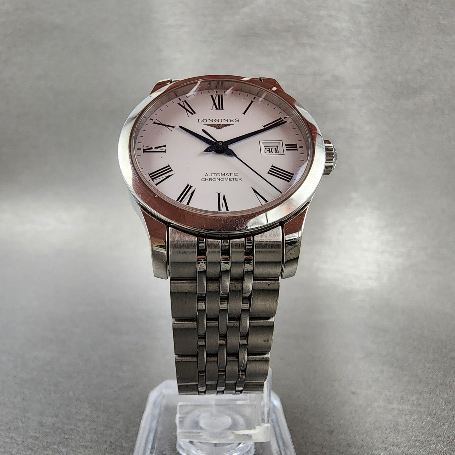 Longines Record Automatic Watch Women 30mm White Dial Steel Date Chronometer