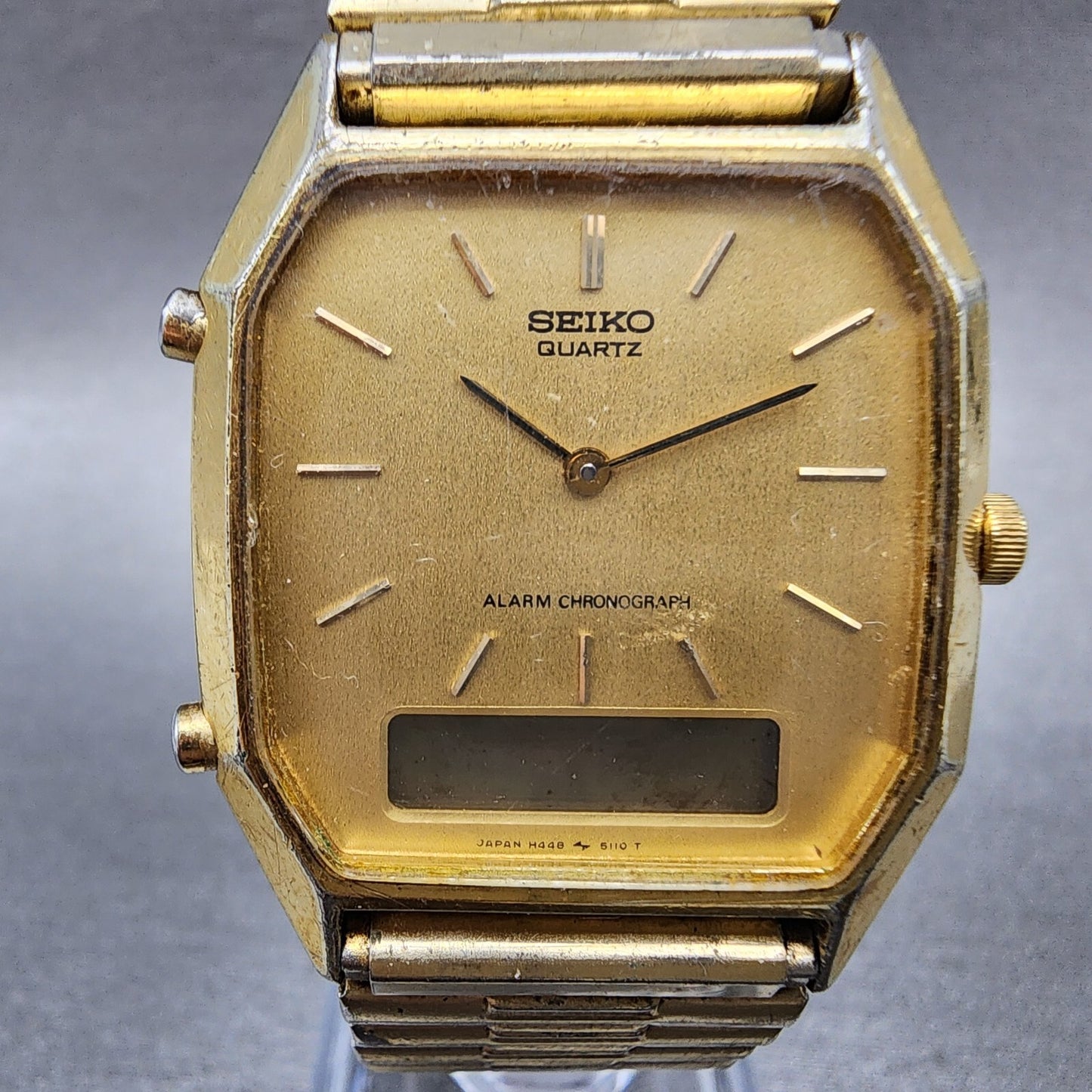Seiko Analog Digital Watch Men 30mm Gold Dial Gold Tone Rectangle H448-5069 PART