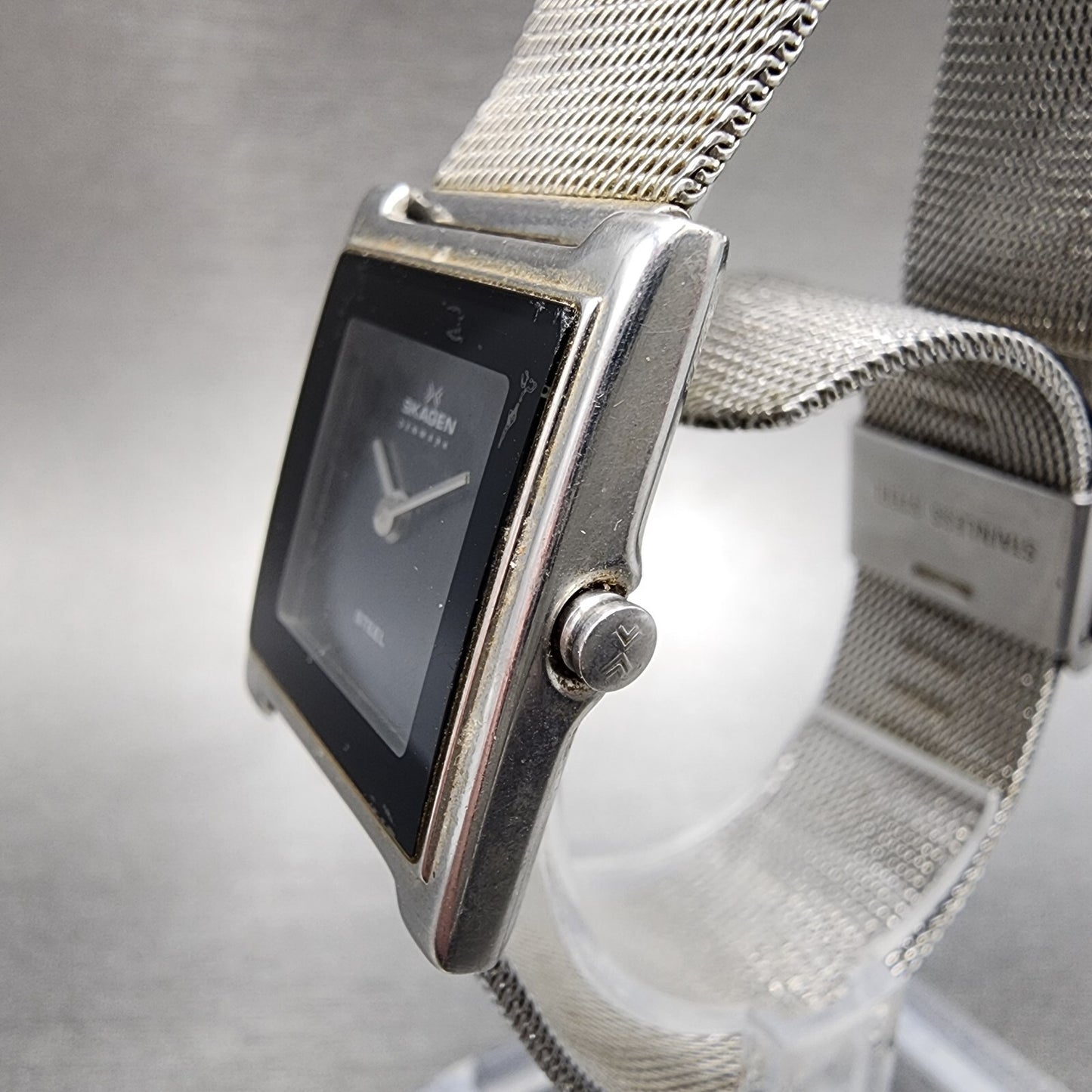 Skagen Tank Watch Women 23mm Black Dial Stainless Steel Rectangle New Battery