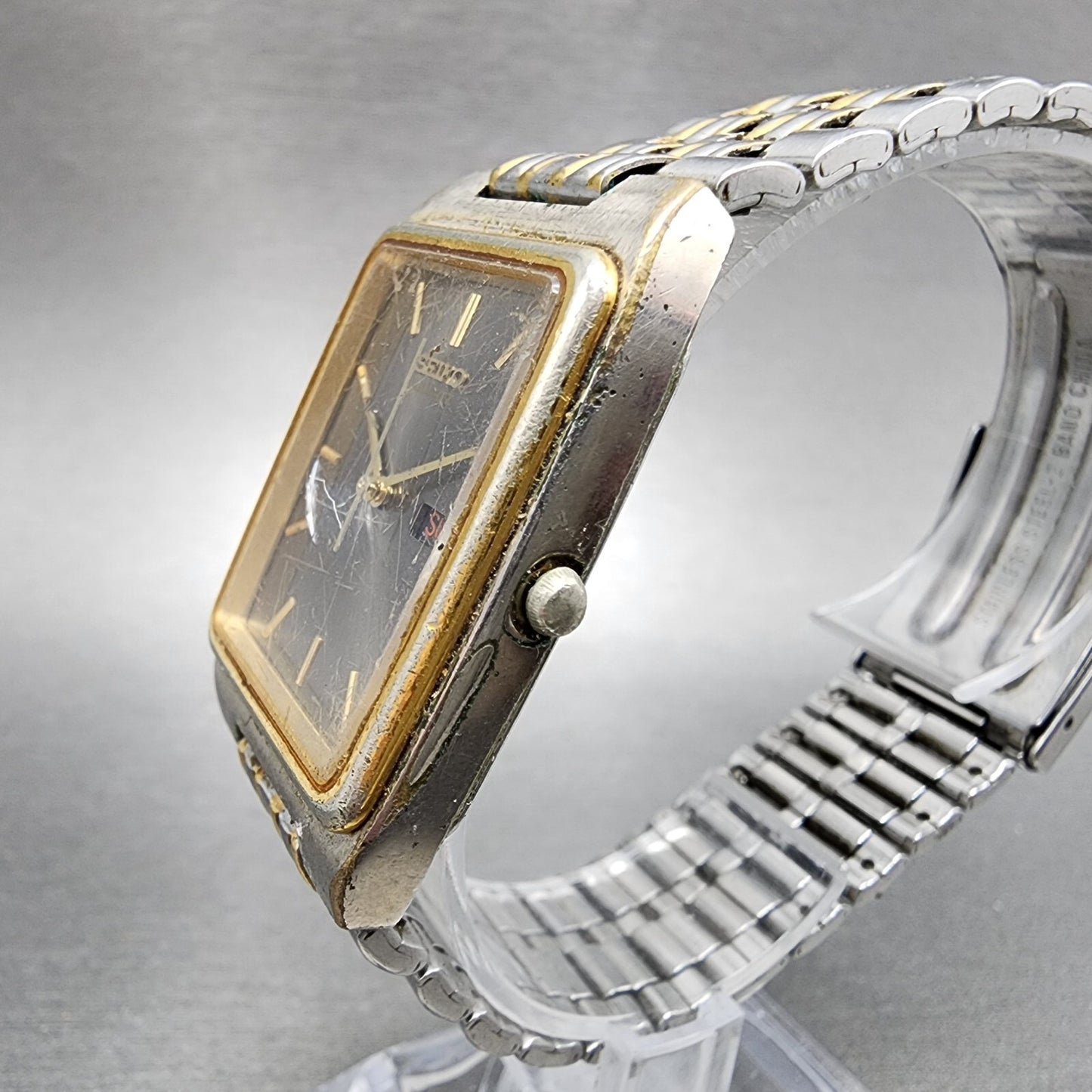 VTG Seiko Tank Watch Men 28mm Gray Dial Two Tone Daydate Rectangle New Battery