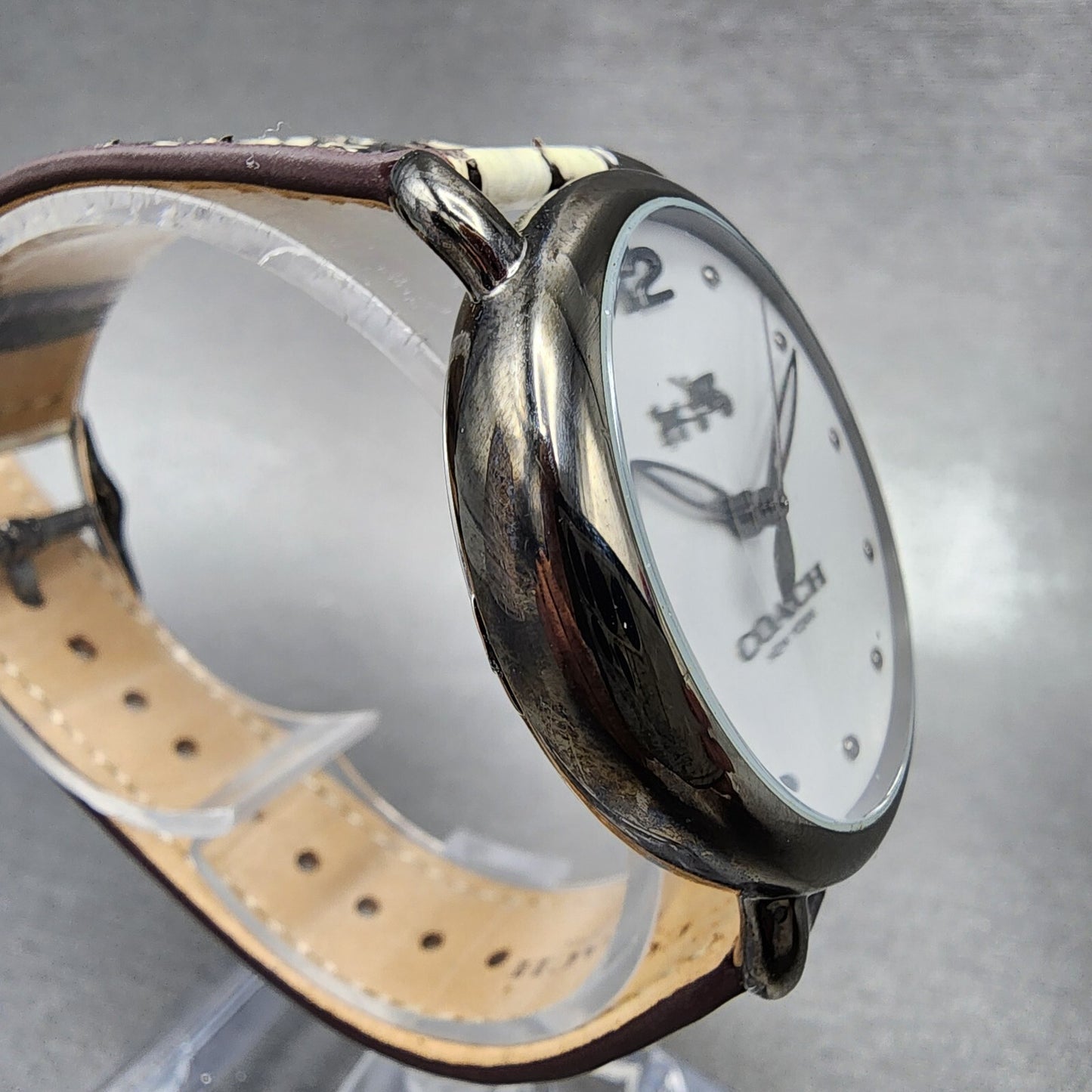 Coach Delancey Watch Women 36mm White Dial Black Tone Round Leather New Battery