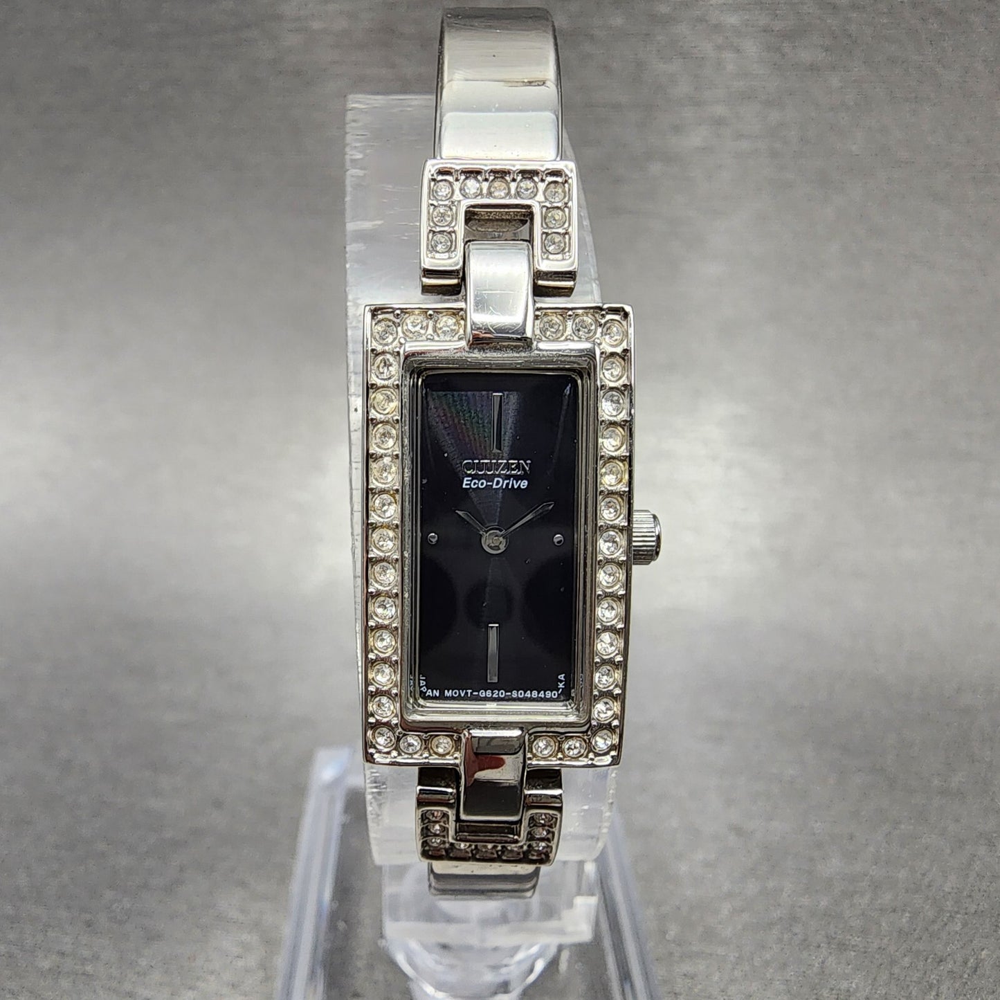 Citizen Eco-Drive Tank Watch Women 14mm Black Dial Steel Rectangle Crystals Runs