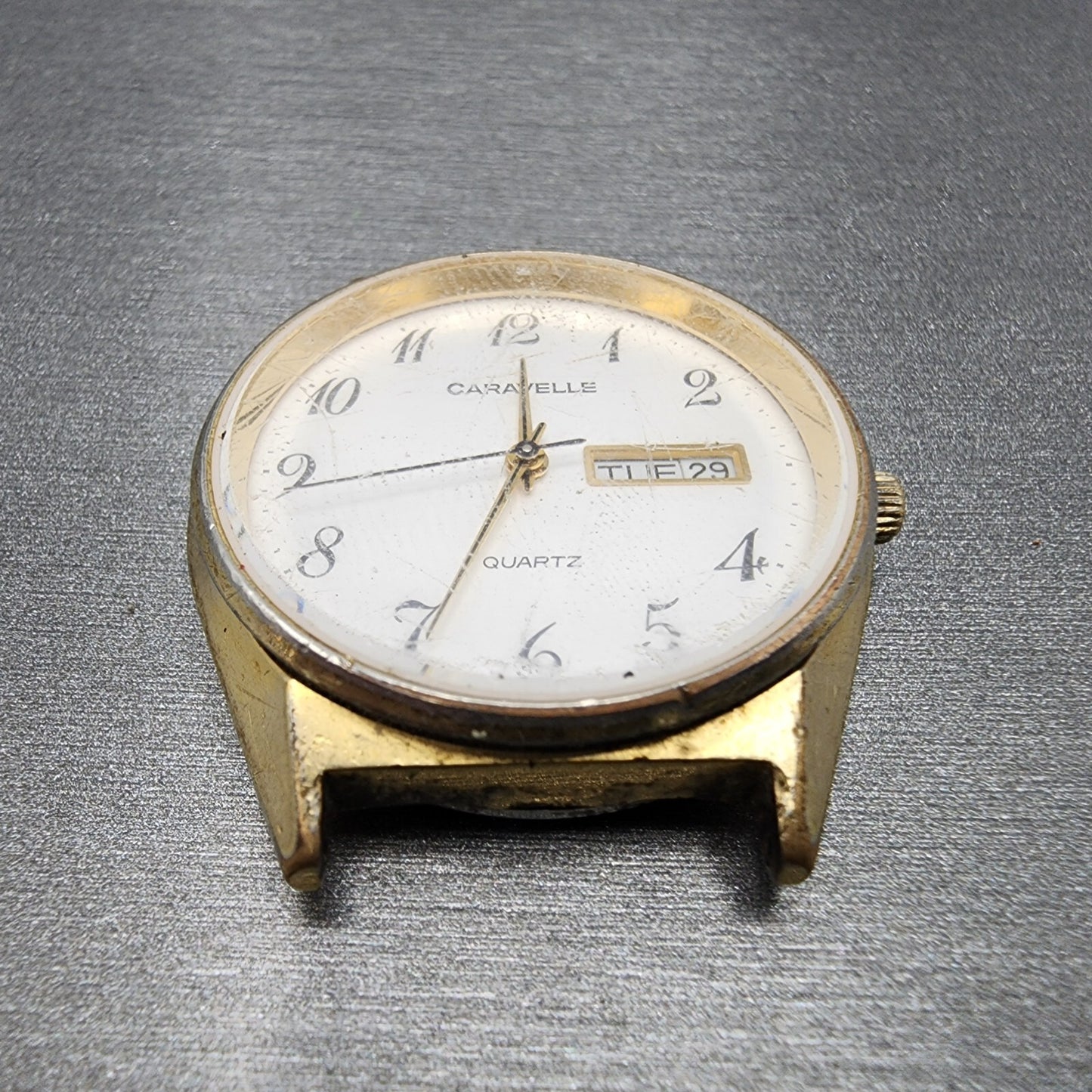 VTG Caravelle Watch Men 35mm White Dial Gold Tone Daydate Round PARTS