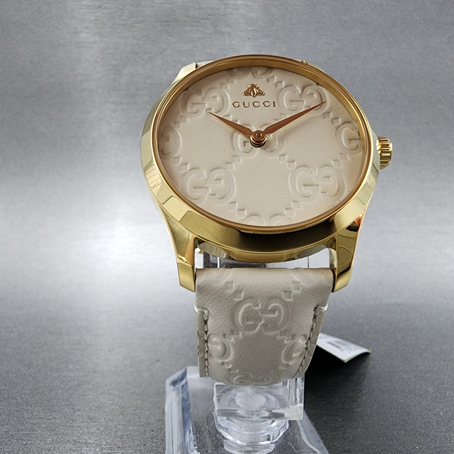 Gucci G-Timeless Watch Women 38mm White Dial Gold Tone Round Leather YA1264033