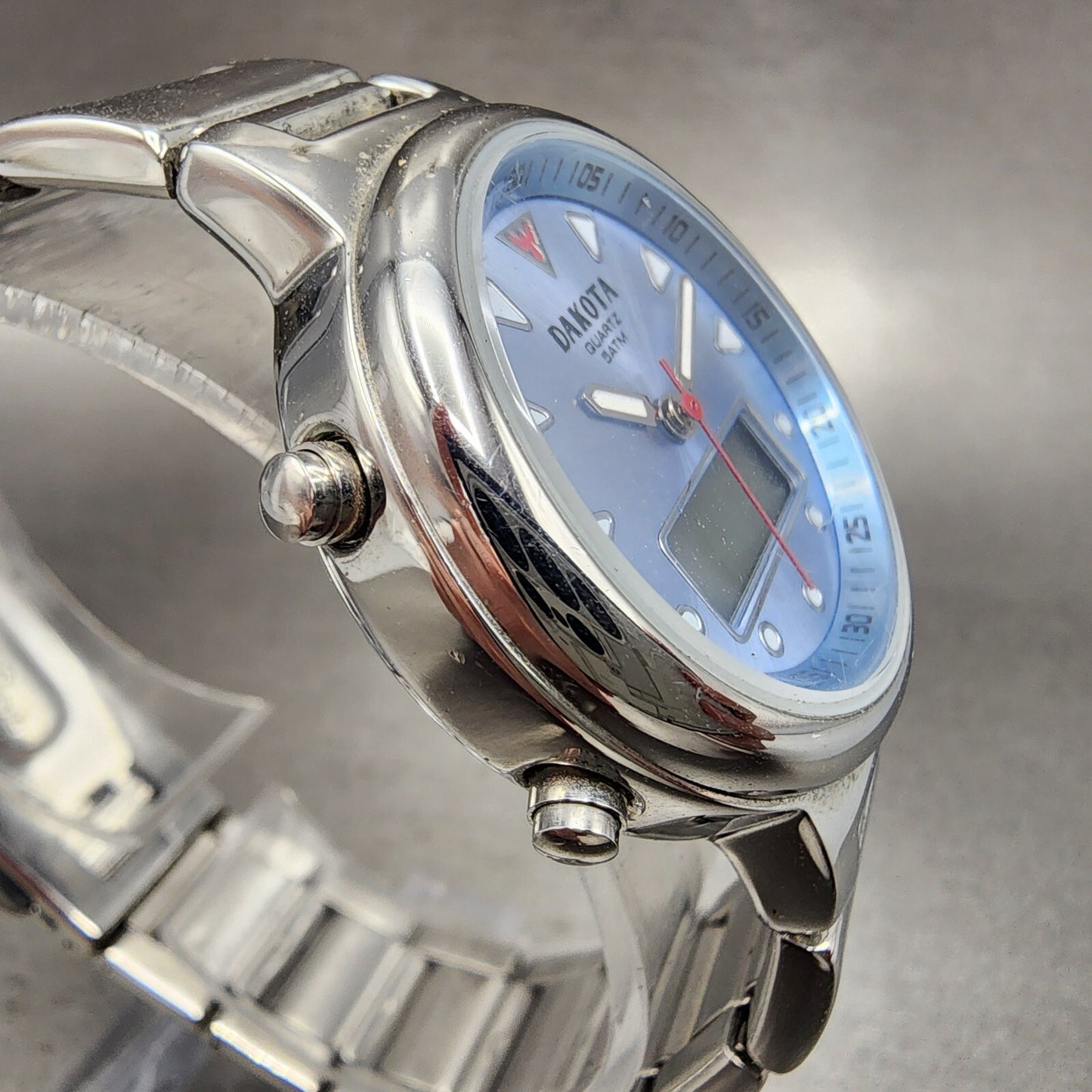 Dakota Analog Digital Watch Women 32mm Blue Dial Silver Tone Alarm Chrono NewBat