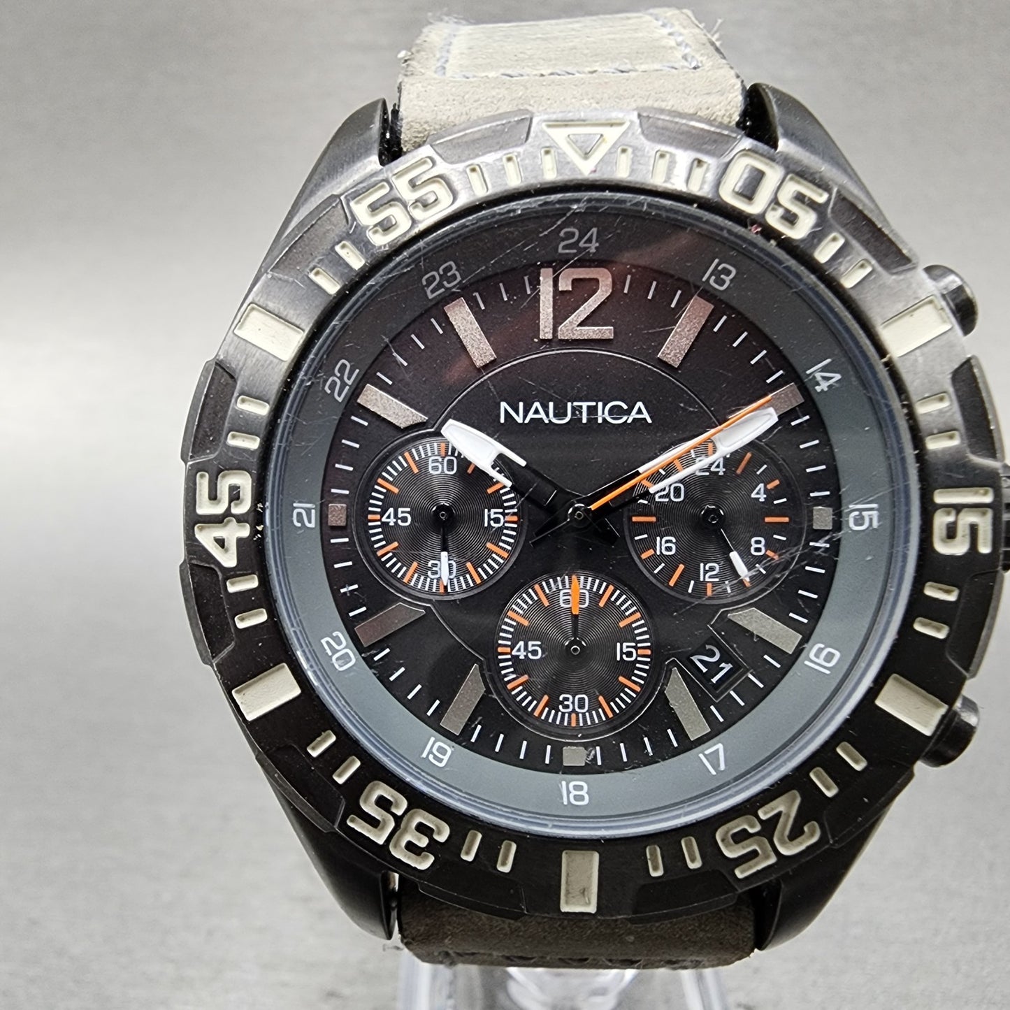 Nautica Chronograph Dive Watch Men 45mm Gray Dial Black Tone Date Round New Batt