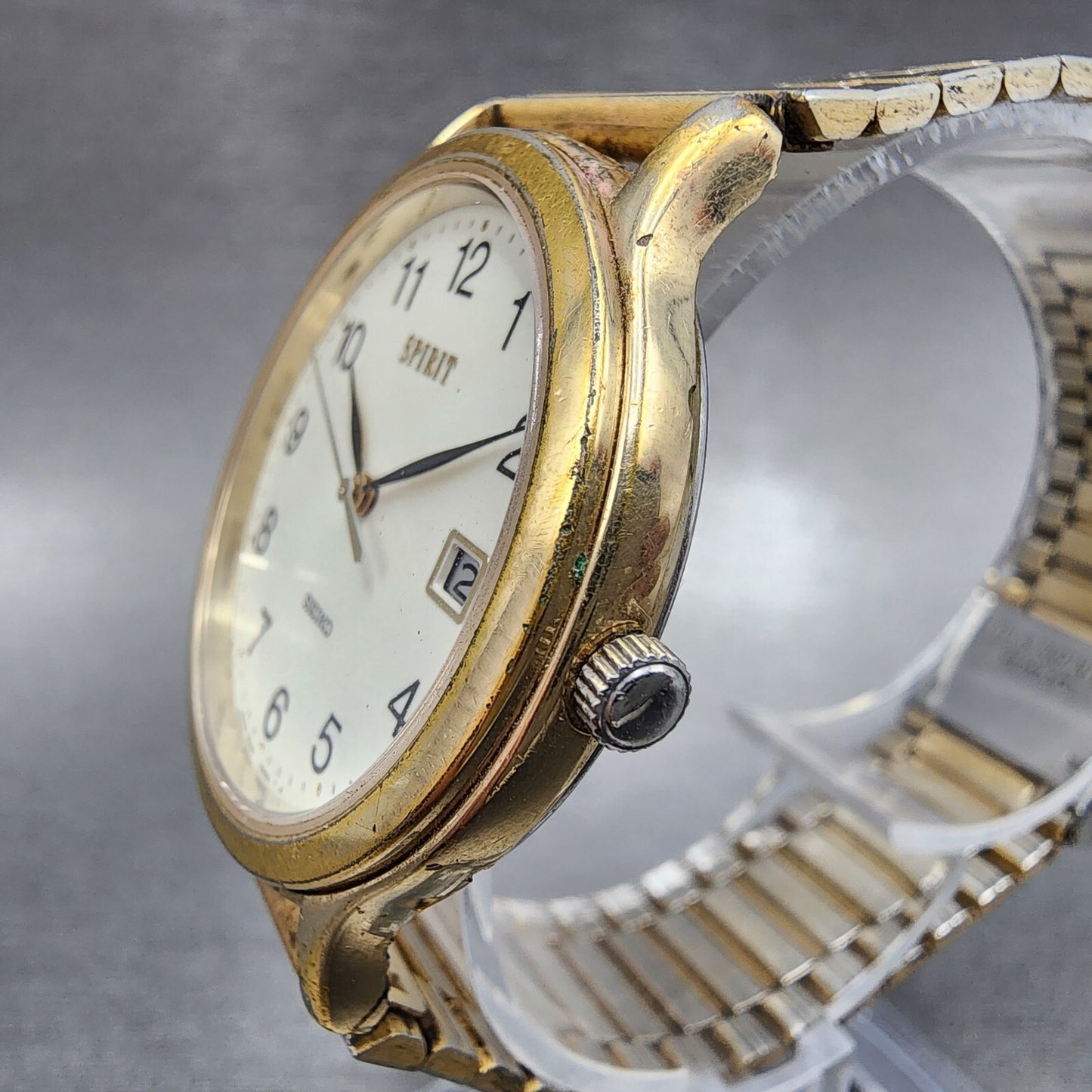 Seiko Spirit Watch Men 33mm White Dial Gold Tone Date Round 5E32-6A3A New Batt