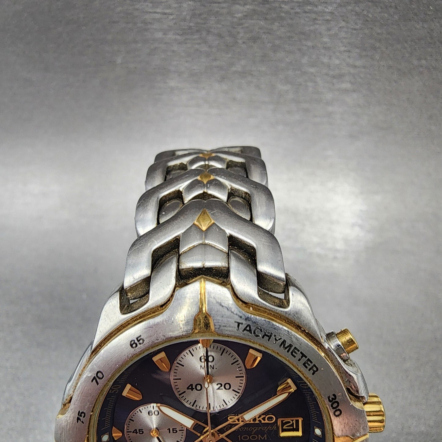 Seiko Chronograph Watch Men 38mm Blue Dial Two Tone Date 7t62-0ch0 New Battery