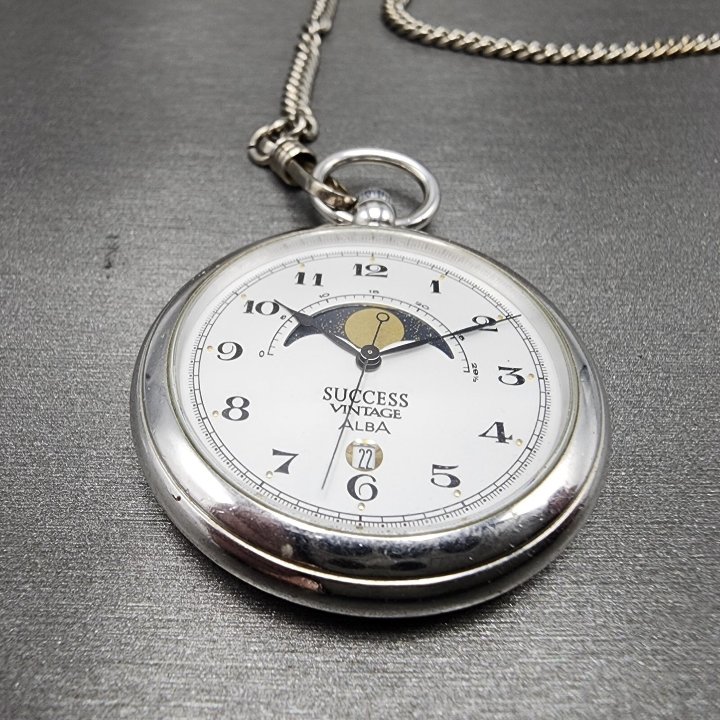 ALBA Success Pocket Watch Men 40mm White Dial Steel Moonphase Date New Battery