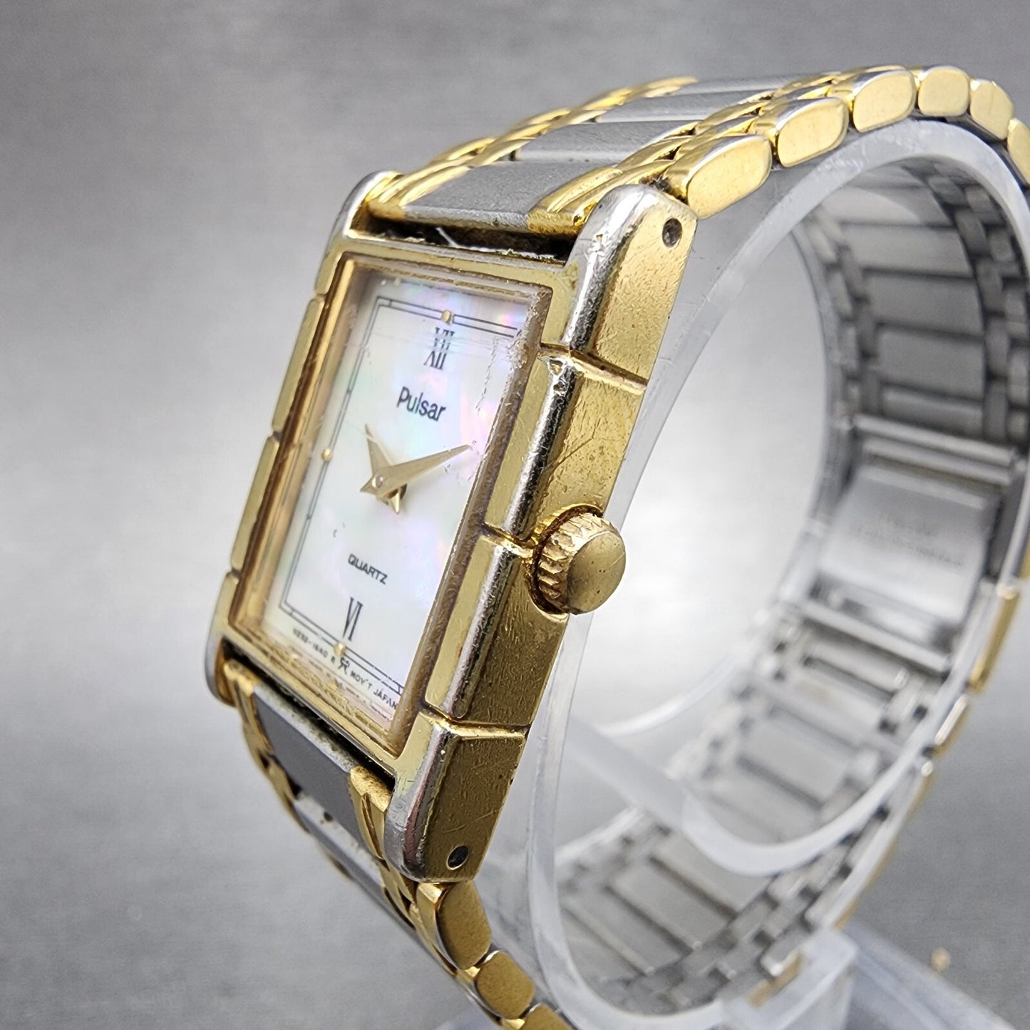 Pulsar Tank Watch Women 17mm MOP Dial Two Tone Rectangle V232-6050 New Battery