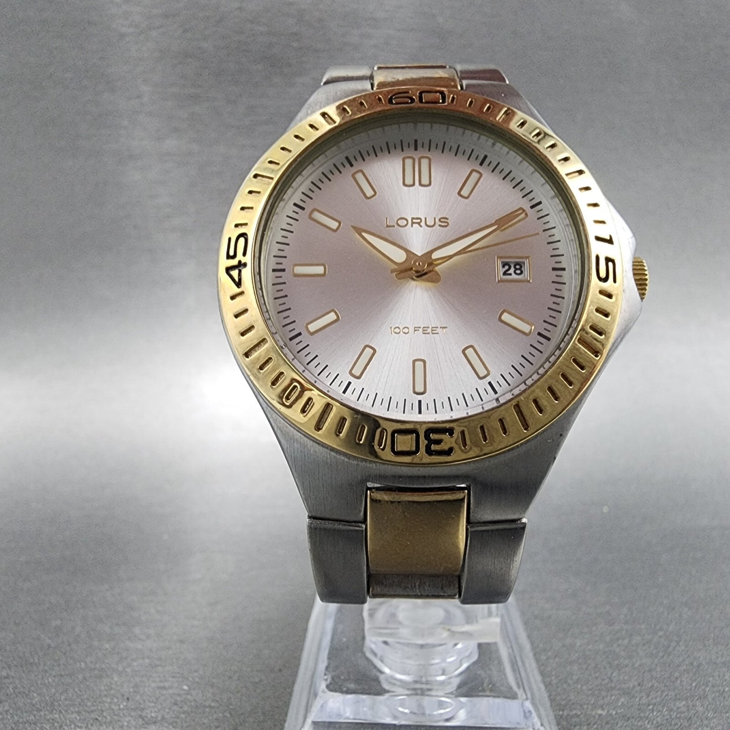 Lorus Dive Watch Men 40mm Silver Dial Two Tone Date Round LR0710 New Battery