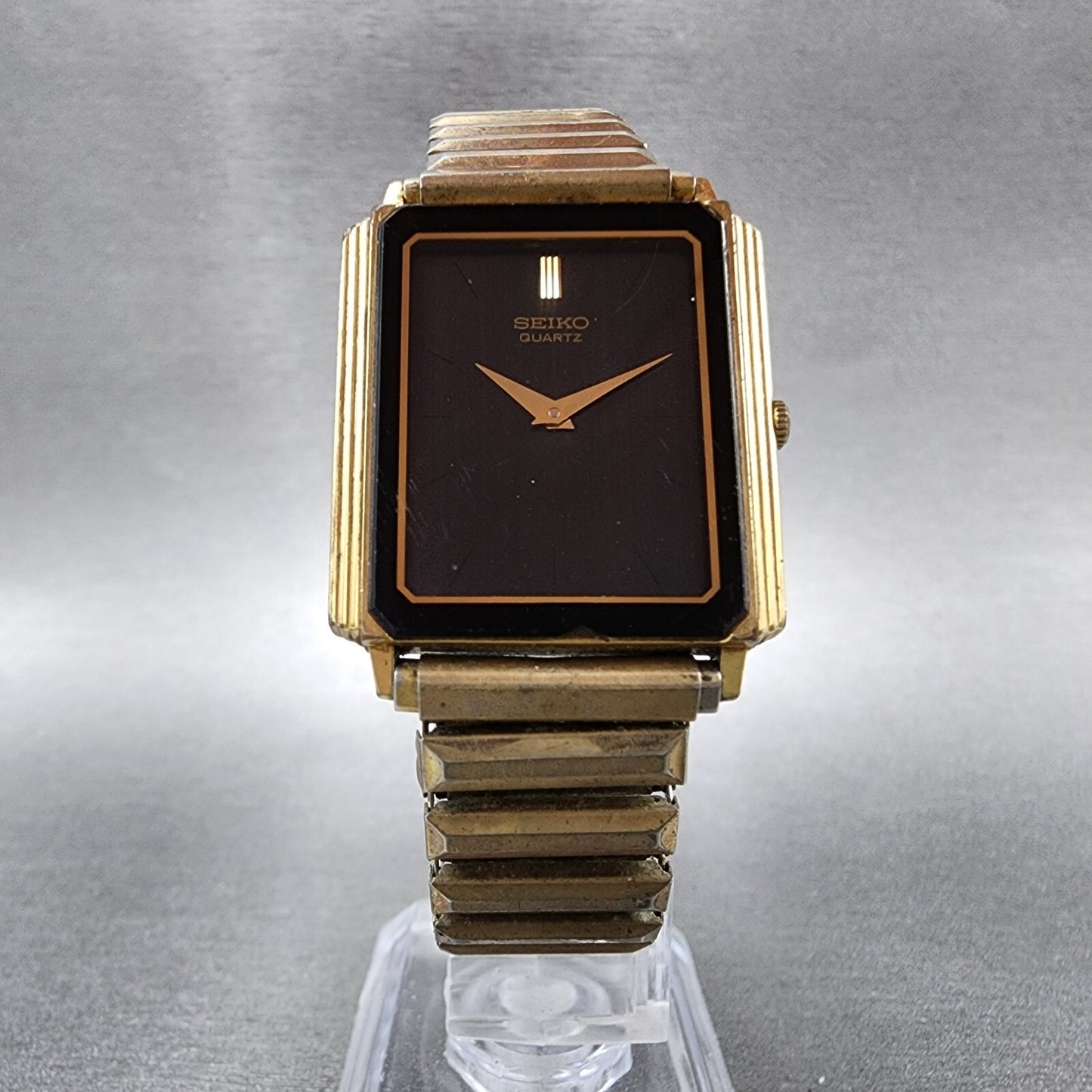 Seiko Tank Watch Men 26mm Black Dial Gold Tone Rectangle 7430-5169 New Battery