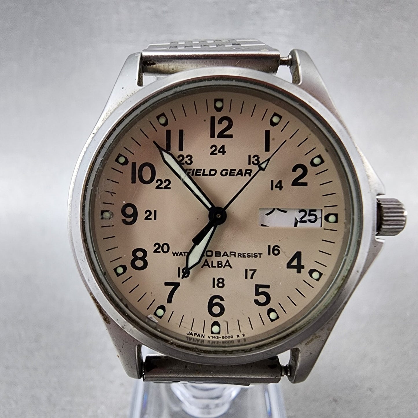Seiko ALBA Field Gear Watch Men 35mm Cream Dial Silver Daydate V743-8000 PARTS