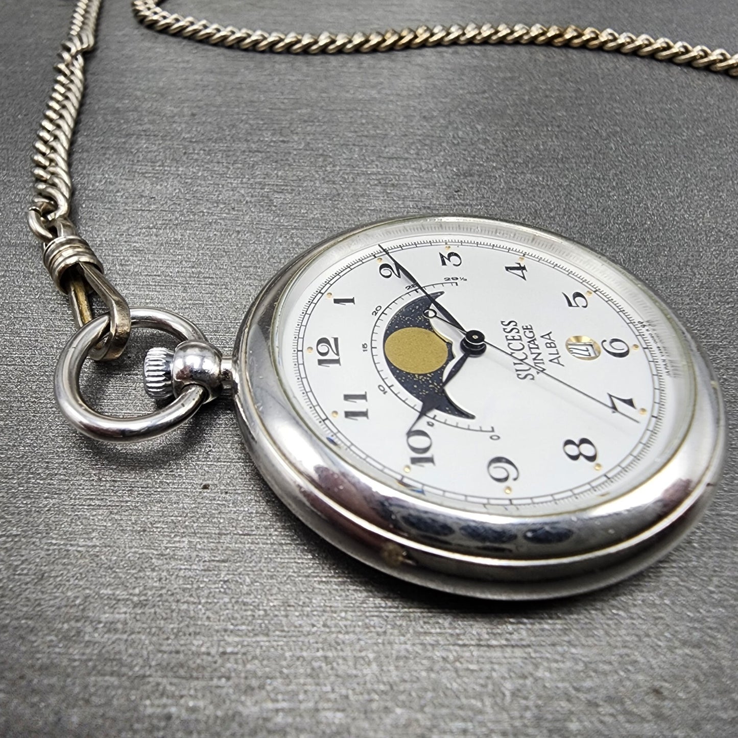 ALBA Success Pocket Watch Men 40mm White Dial Steel Moonphase Date New Battery