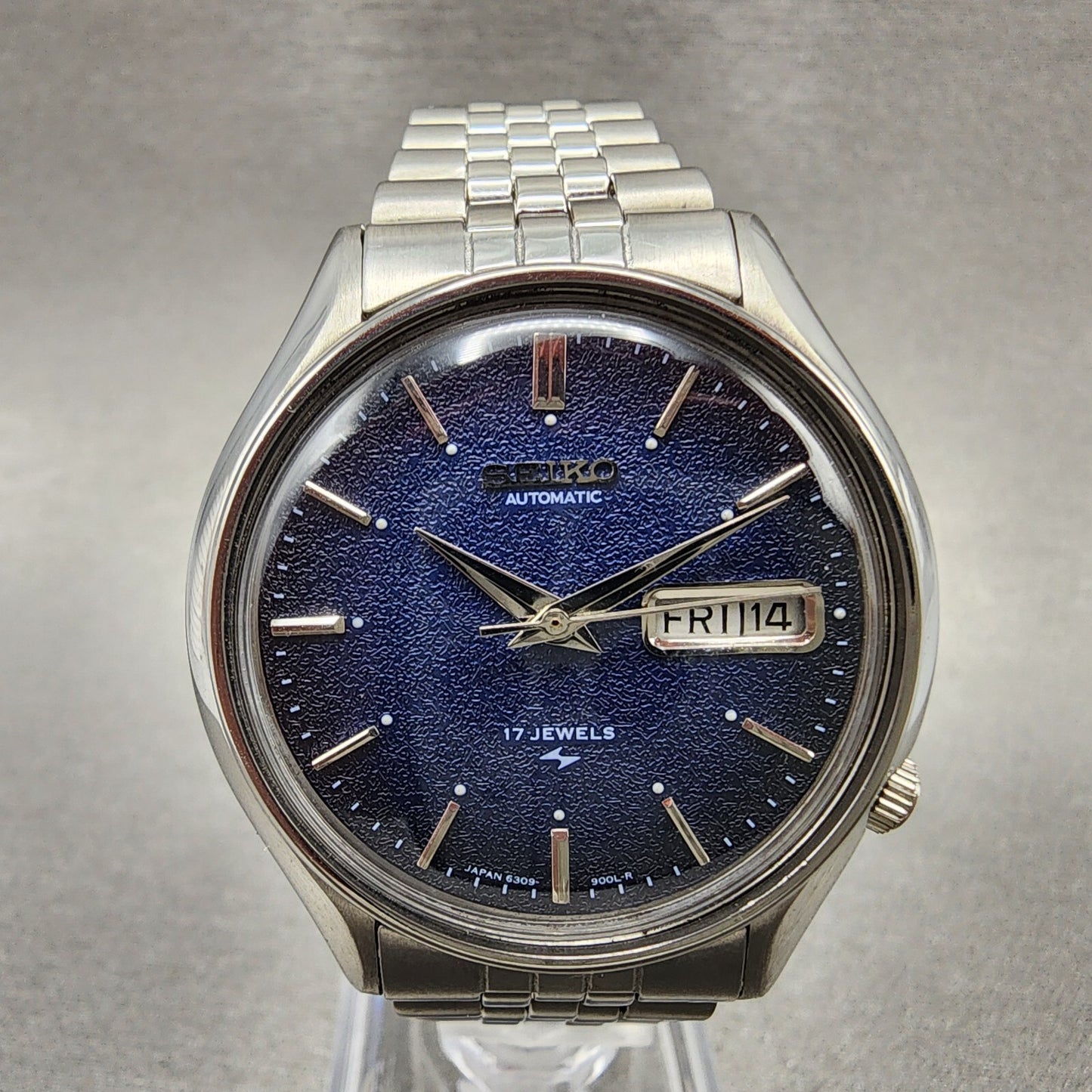 Seiko Automatic Watch Men 38mm Blue Texture Dial Steel Daydate 6309-601A Runs