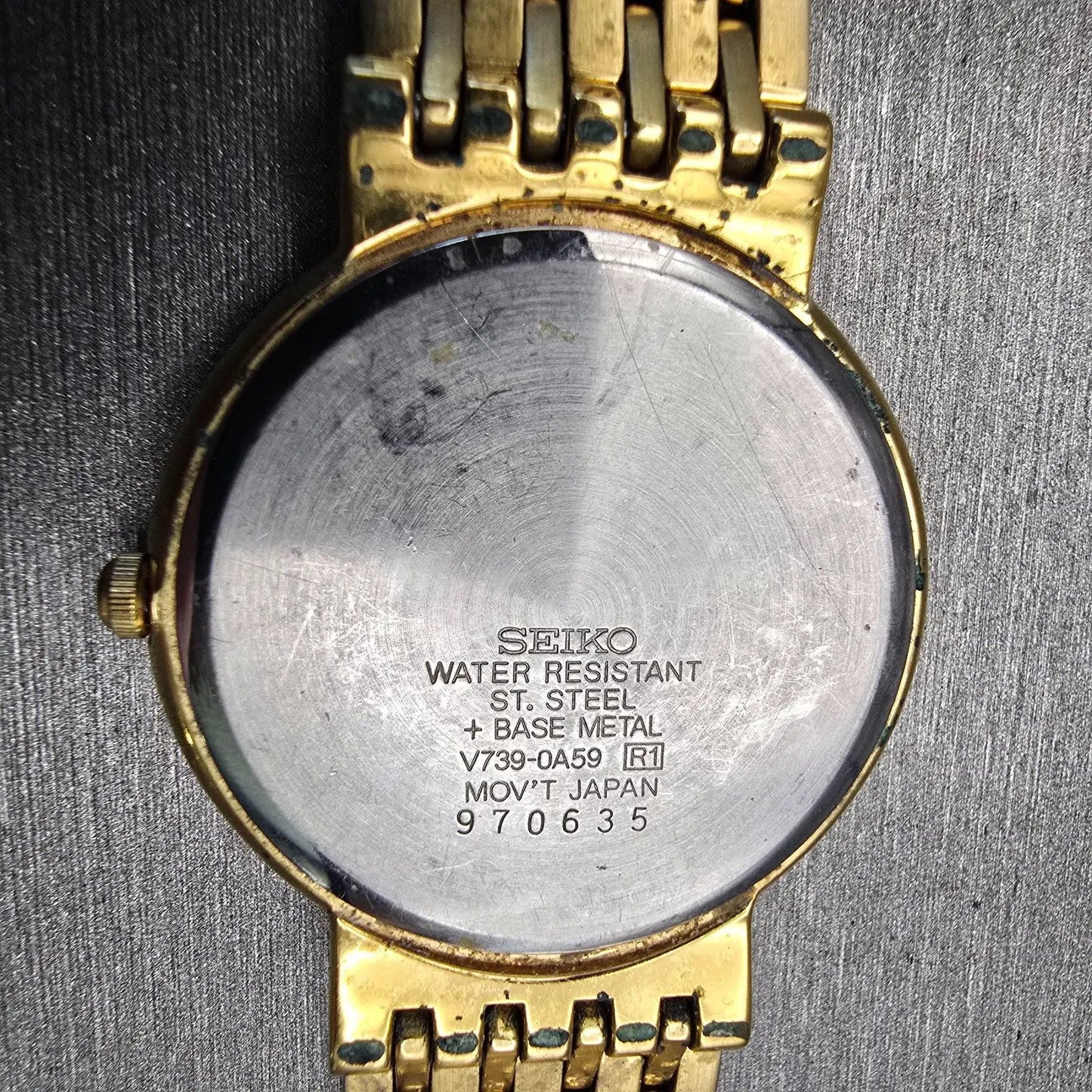 Seiko Watch Men 33mm White Dial Gold Tone Date Round V739-0A59 New Battery VTG10