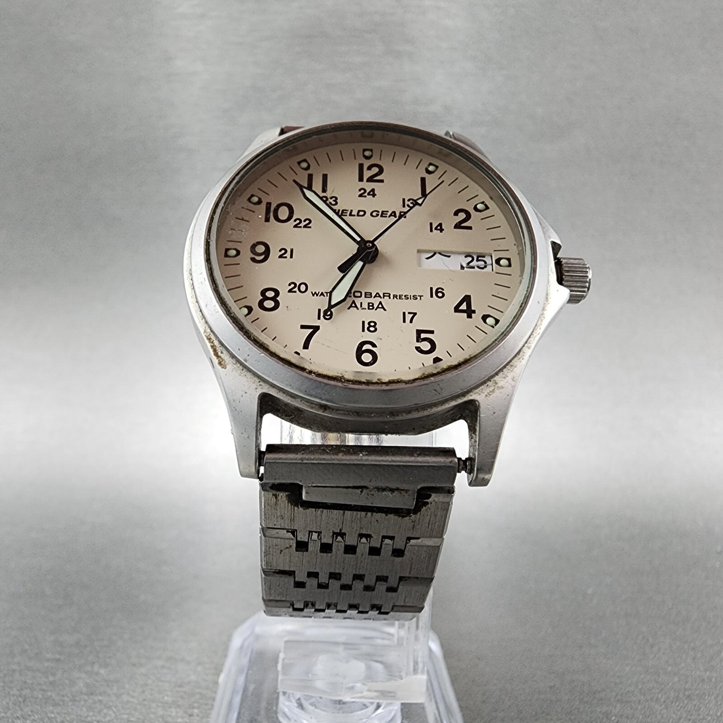 Seiko ALBA Field Gear Watch Men 35mm Cream Dial Silver Daydate V743-8000 PARTS