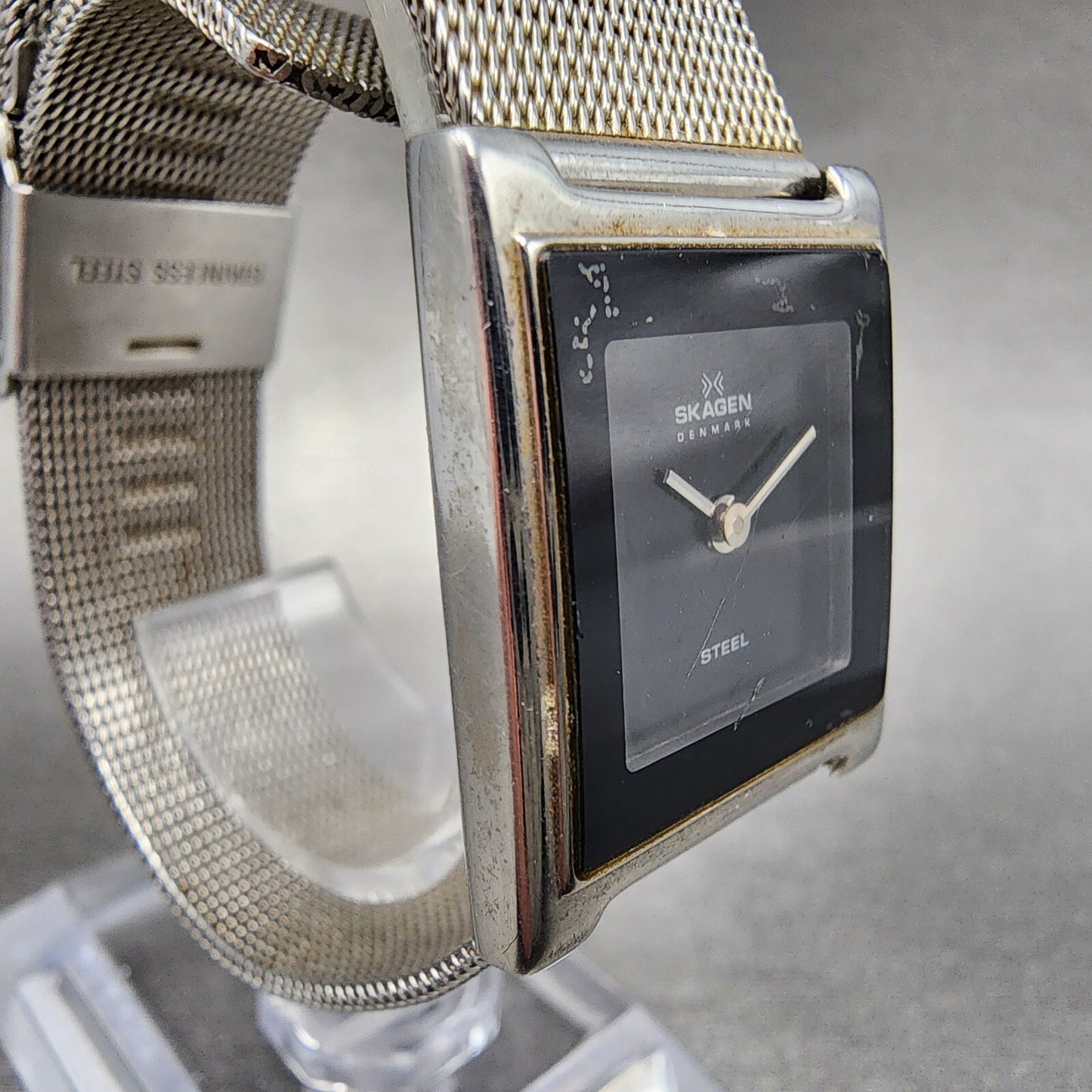 Skagen Tank Watch Women 23mm Black Dial Stainless Steel Rectangle New Battery