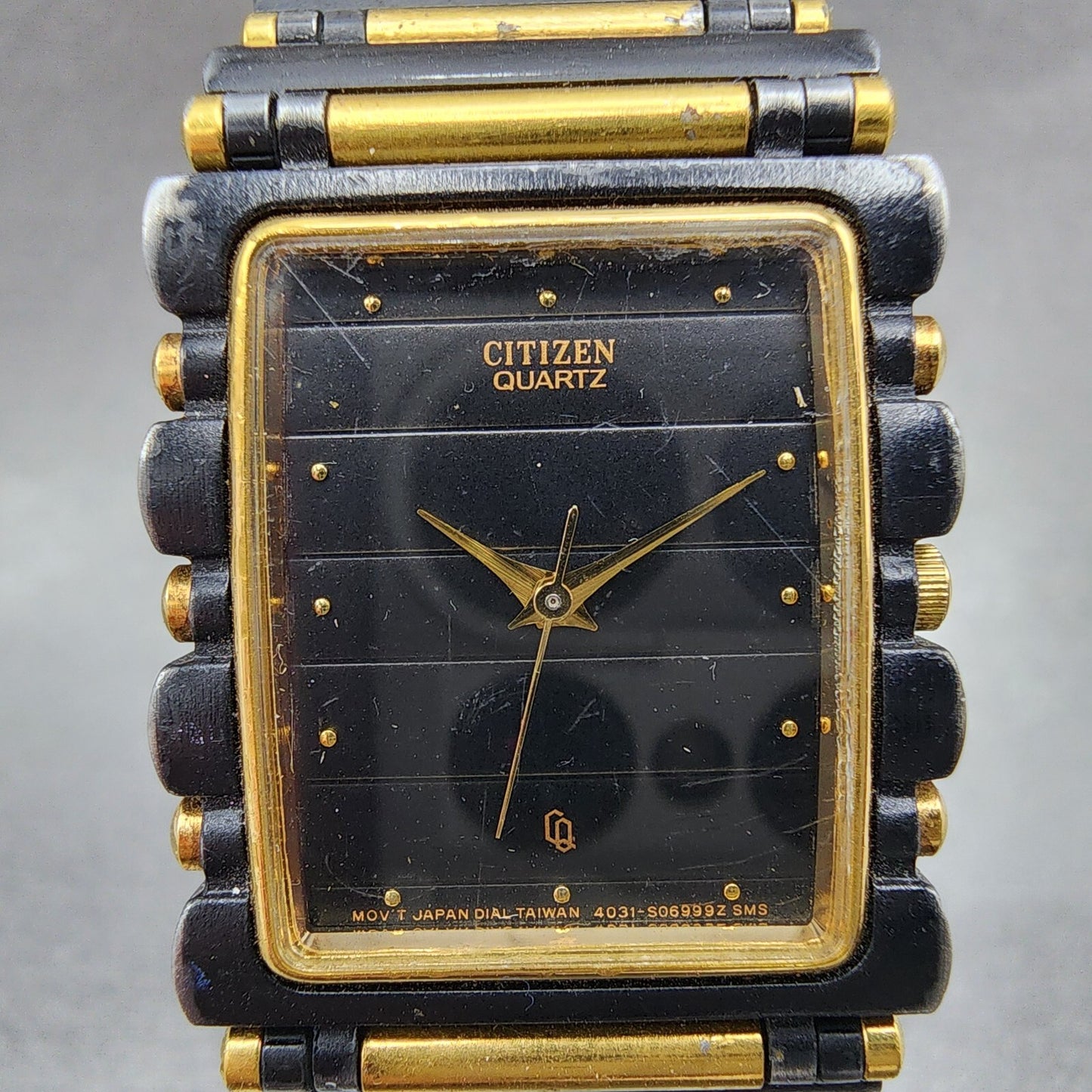 Citizen CQ Tank Watch Men 25mm Black Dial Two Tone Rectangle 2830-998851 New Bat