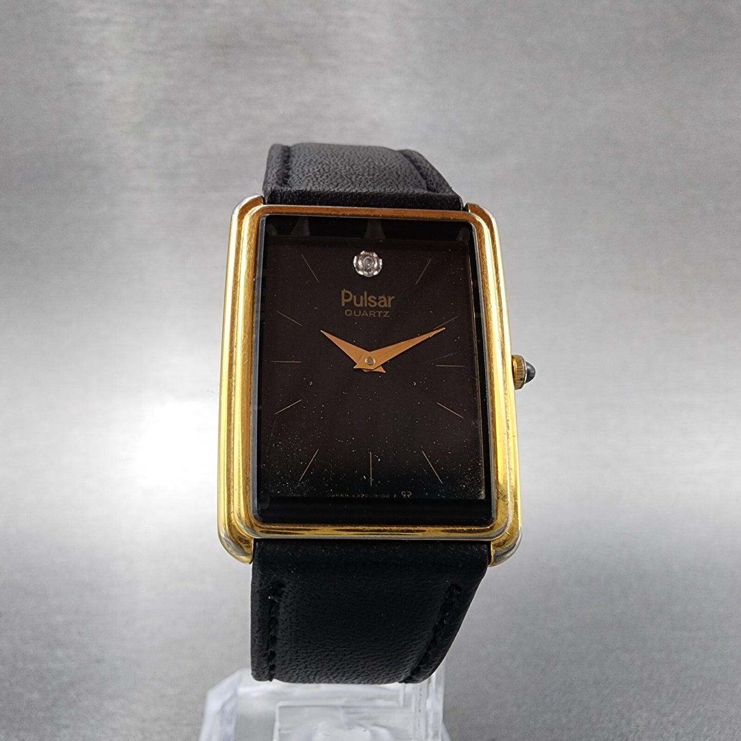 Pulsar Tank Watch Men 24mm Black Dial Gold Tone Rectangle V320-5059 New Batt