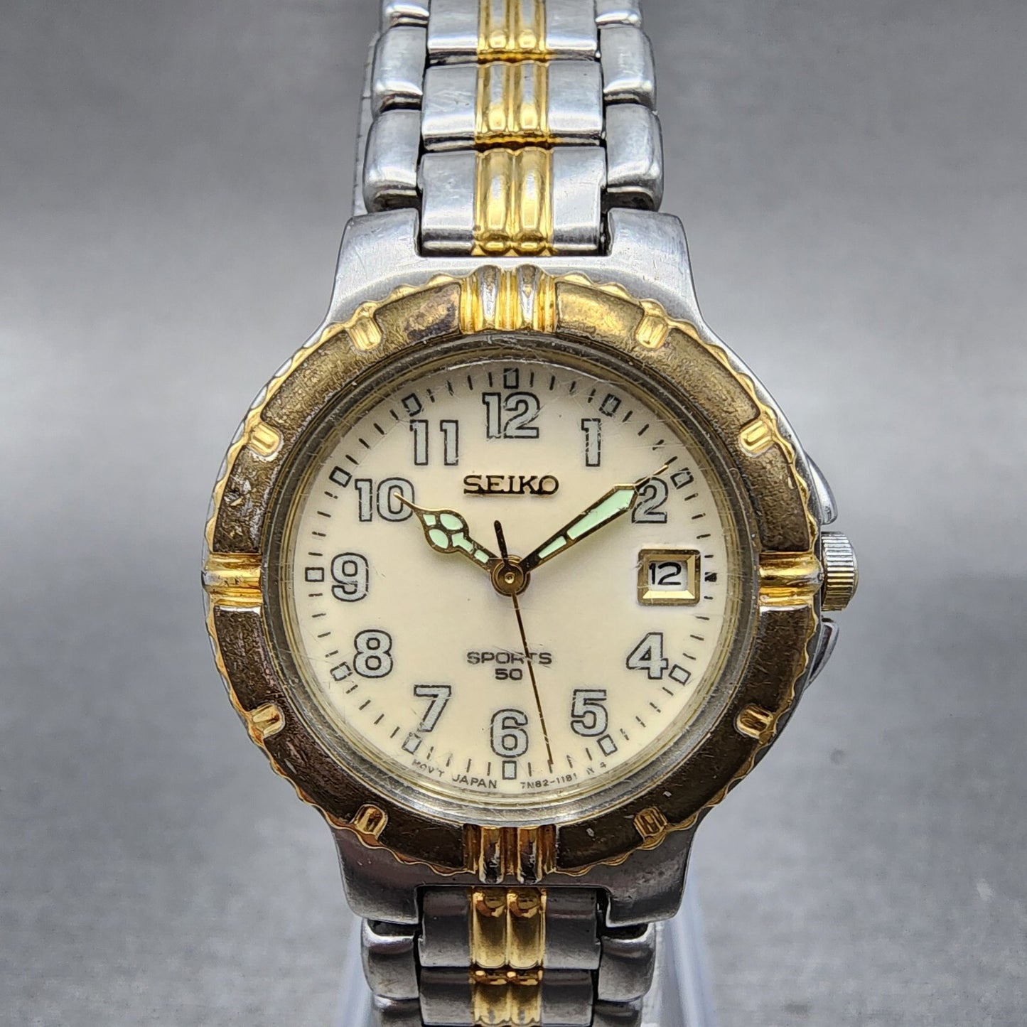 Seiko Sports 50 Watch Women 27mm Cream Dial Two Tone Date 7n82-0499 New Battery