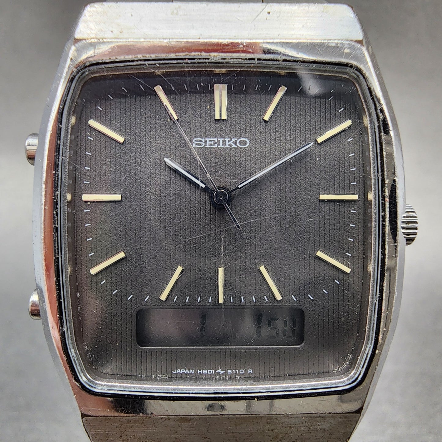 Seiko Analog Digital Watch Men 30mm Gray Dial Steel Rectangle H601-5060 New Batt