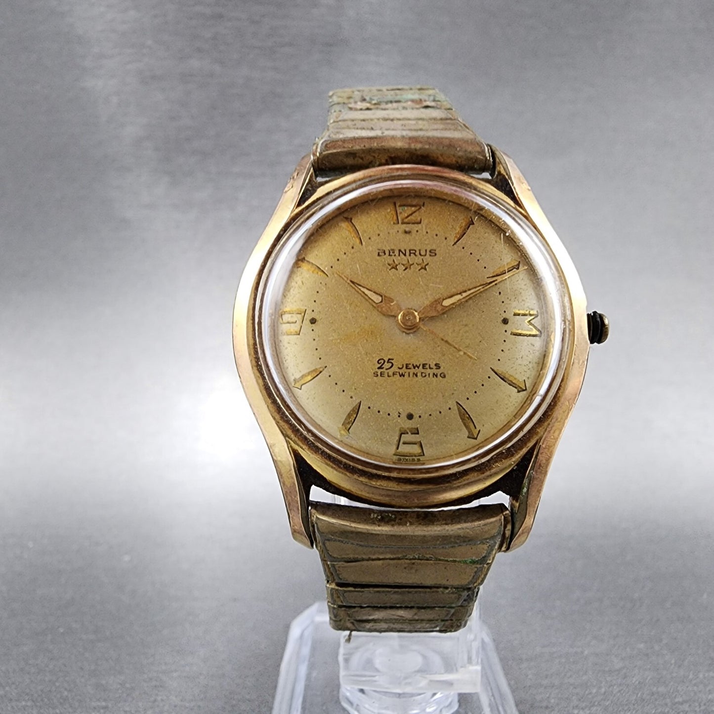 Benrus Three Star Automatic 25 Jewels Watch Men 34mm Cream Dial Gold Tone PARTS