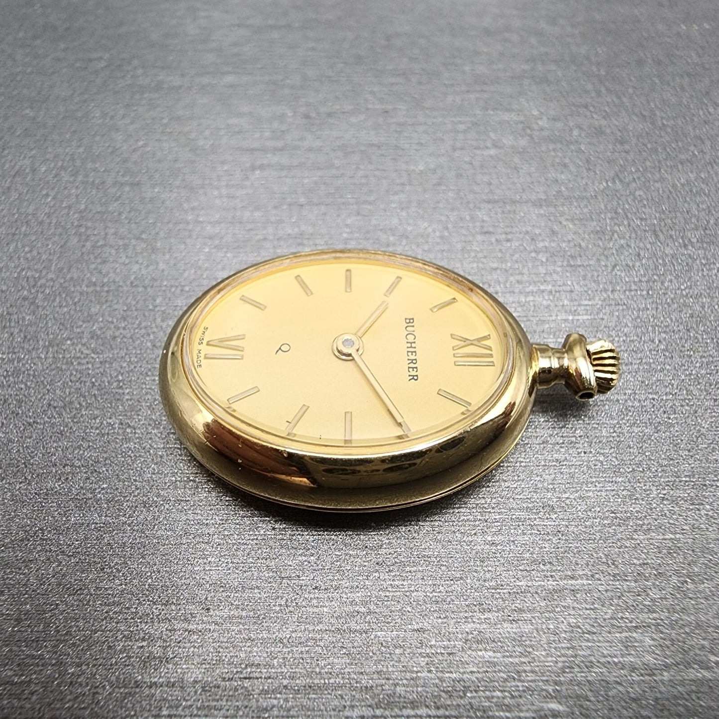 Bucherer Q Pendant Watch Women 20mm Gold Dial Gold Tone Oval New Battery
