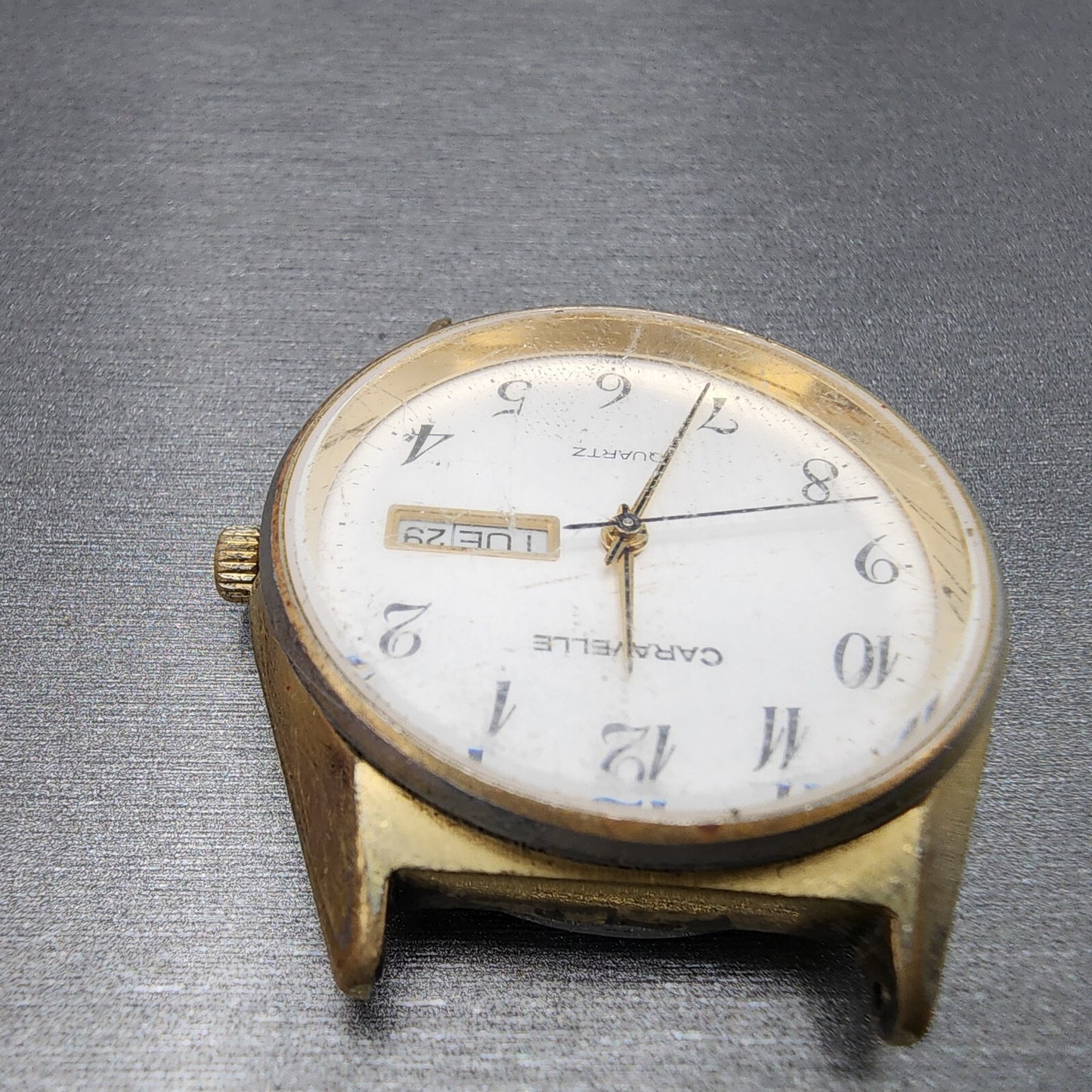 VTG Caravelle Watch Men 35mm White Dial Gold Tone Daydate Round PARTS