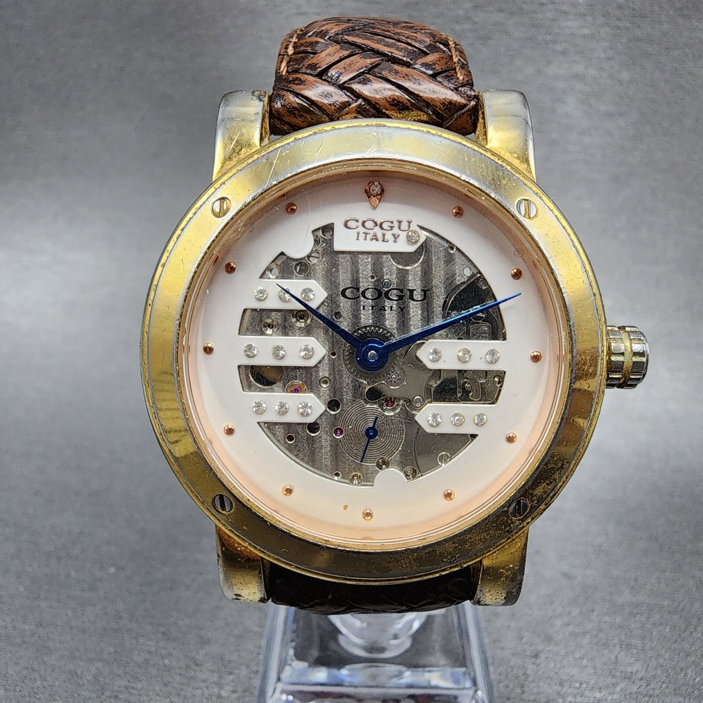 COGU Skeleton Watch Men 42mm Skeleton Dial Gold Tone Automatic Leather Band Runs