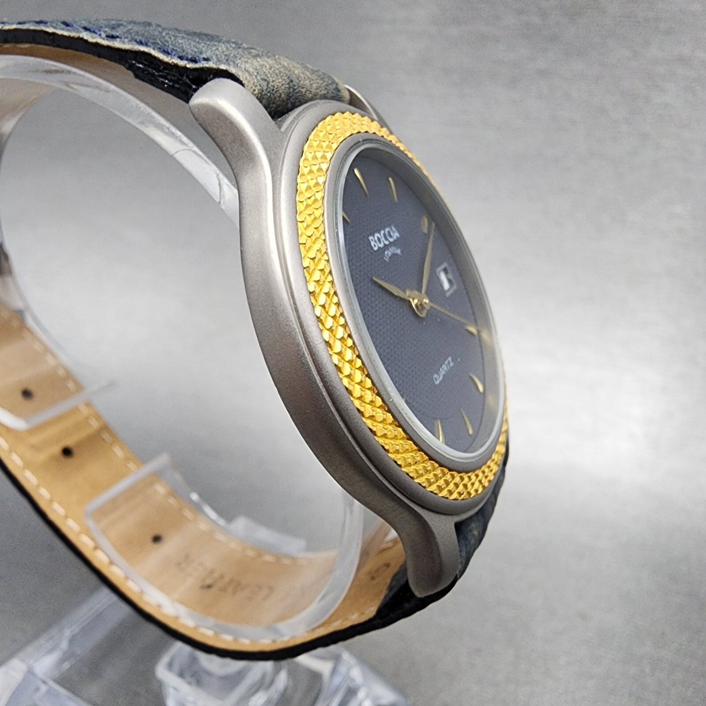 Boccia Titanium Watch Men 36mm Blue Dial Two Tone Leather Band Round New Battery