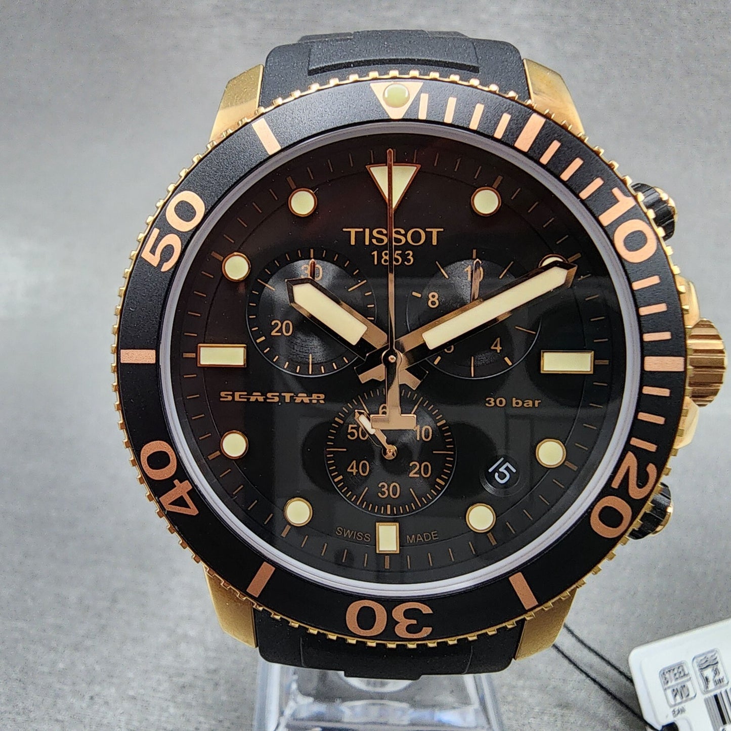 Tissot Seastar Chronograph Watch Men 45mm Black Dial Rose Gold Tone Date Works
