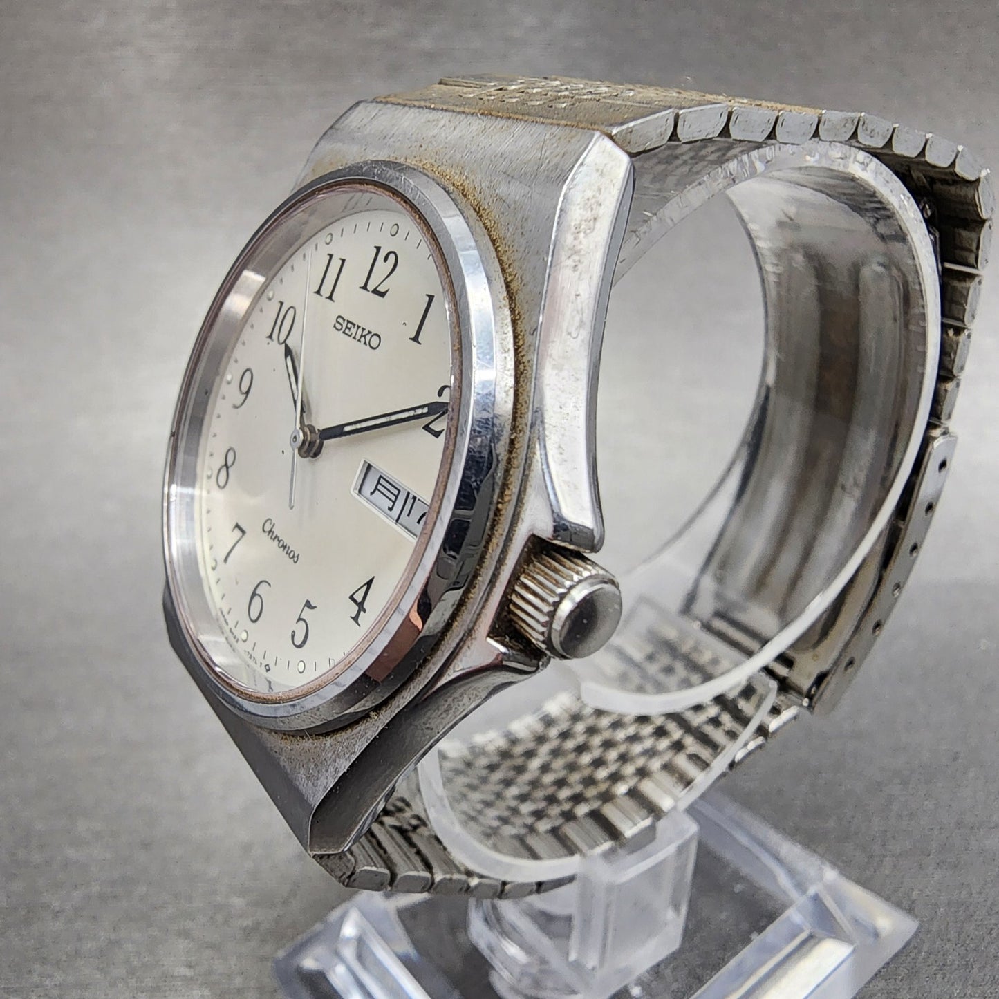 Seiko Chronos Watch Men 35mm Silver Tone Silver Dial Daydate 5h23-7d20 PARTS