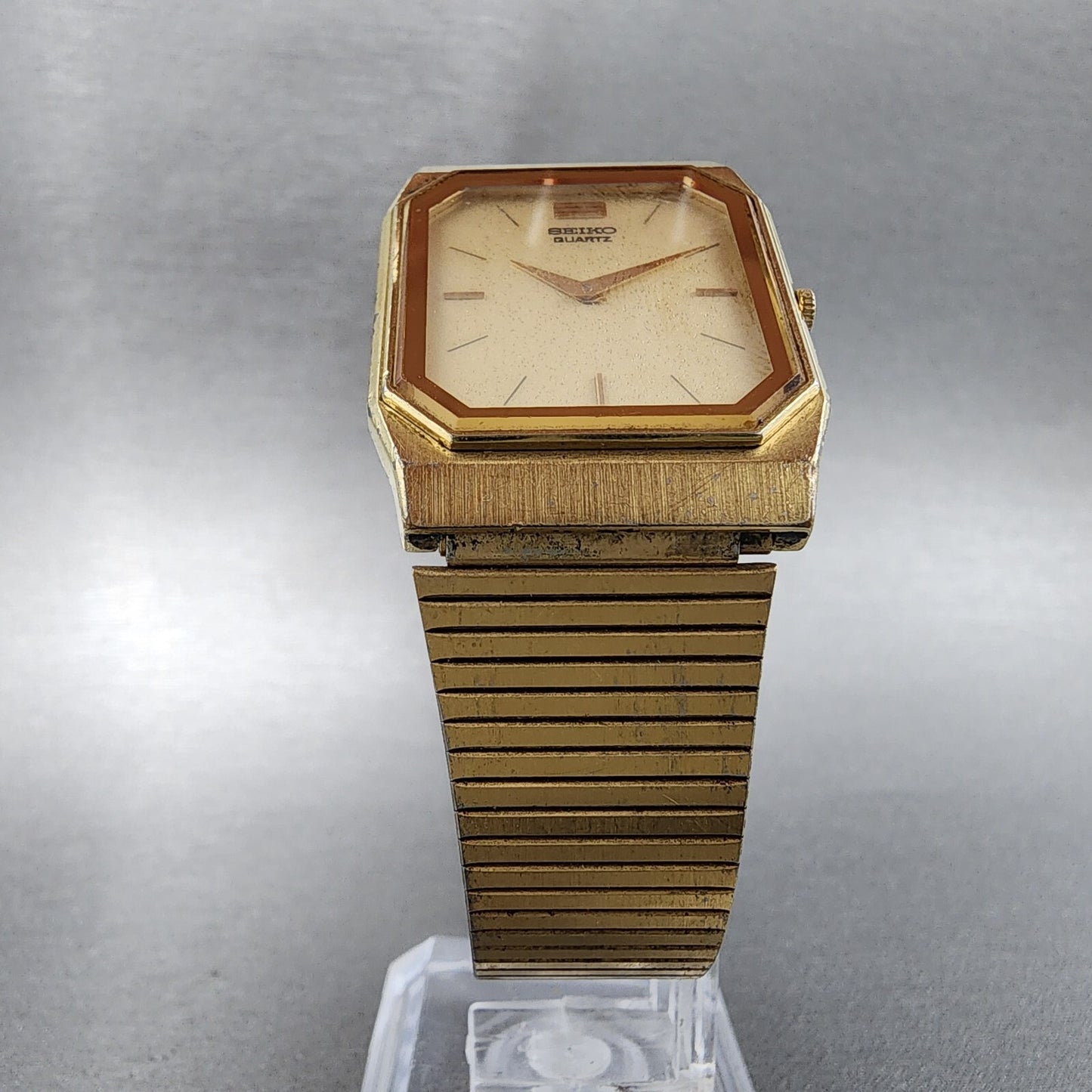 Seiko Tank Watch Men 26mm White Dial Gold Tone Rectangle 7430-5409 New Battery