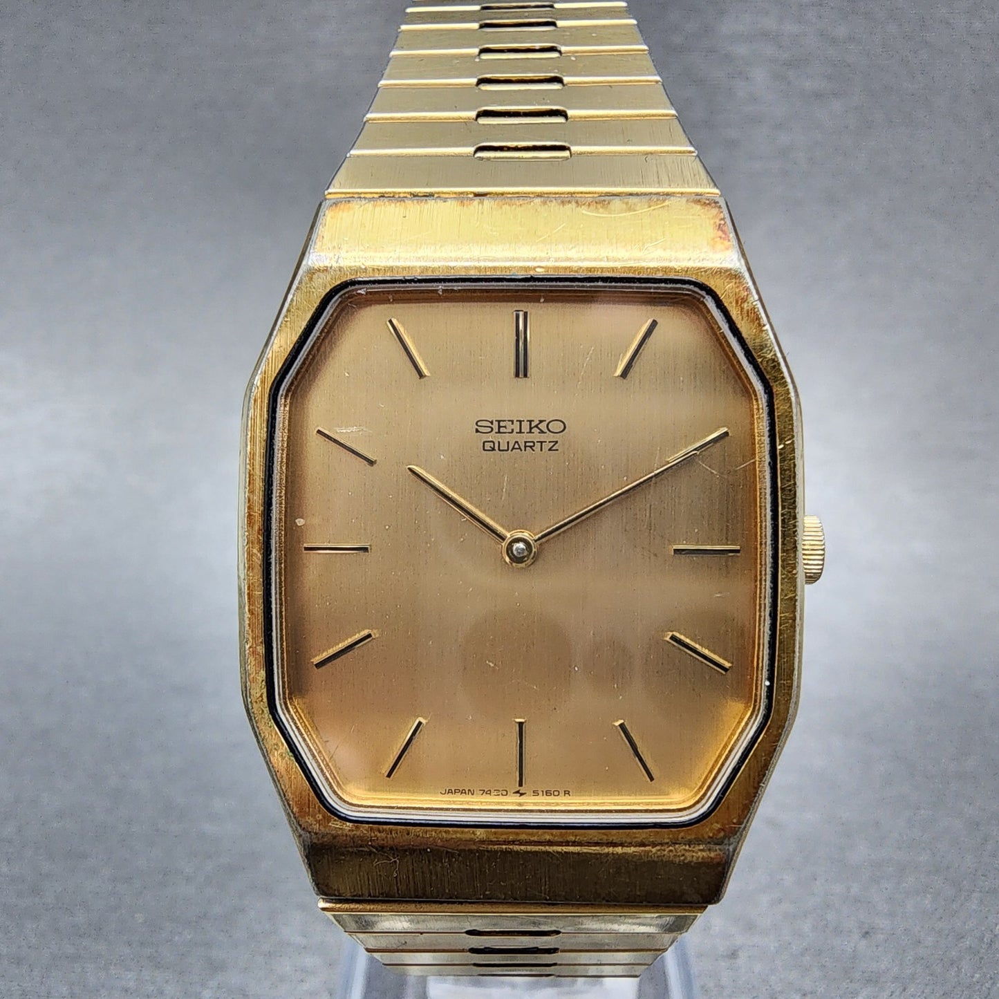 Seiko Tank Watch Men 28mm Gold Dial Gold Tone Octagon 7430-5079 New Battery