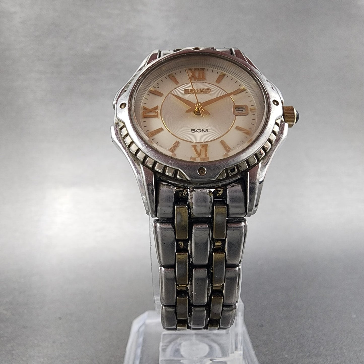 Seiko Watch Women 28mm White Dial Two Tone Date Round 7N82-0GE0 New Battery