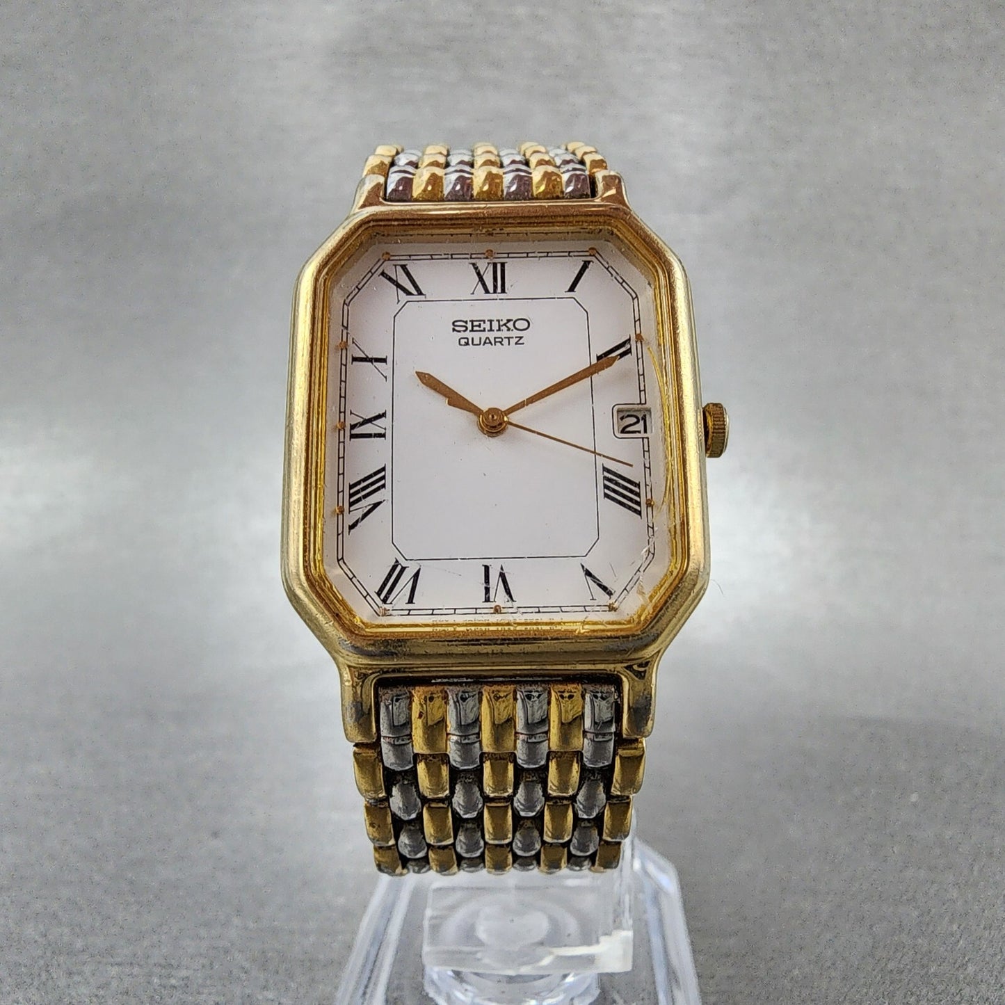 Seiko Tank Watch 26mm Men White Dial Two Tone Date 7n22-5011 New Battery